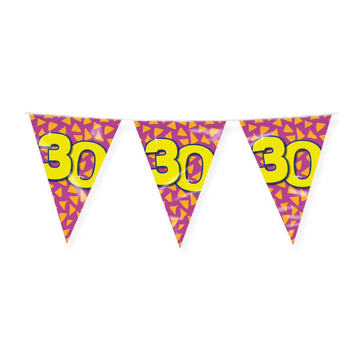 De Happy party flags 30 zijn de ideale versiering op de verjaardag van een 30-jarige. Door de vrolijke kleuren vallen deze party vlaggen dan ook extra goed op! De aan beide kanten bedrukte vlaggetjes zijn gemaakt van folie, hebben een lengte van 10 meter