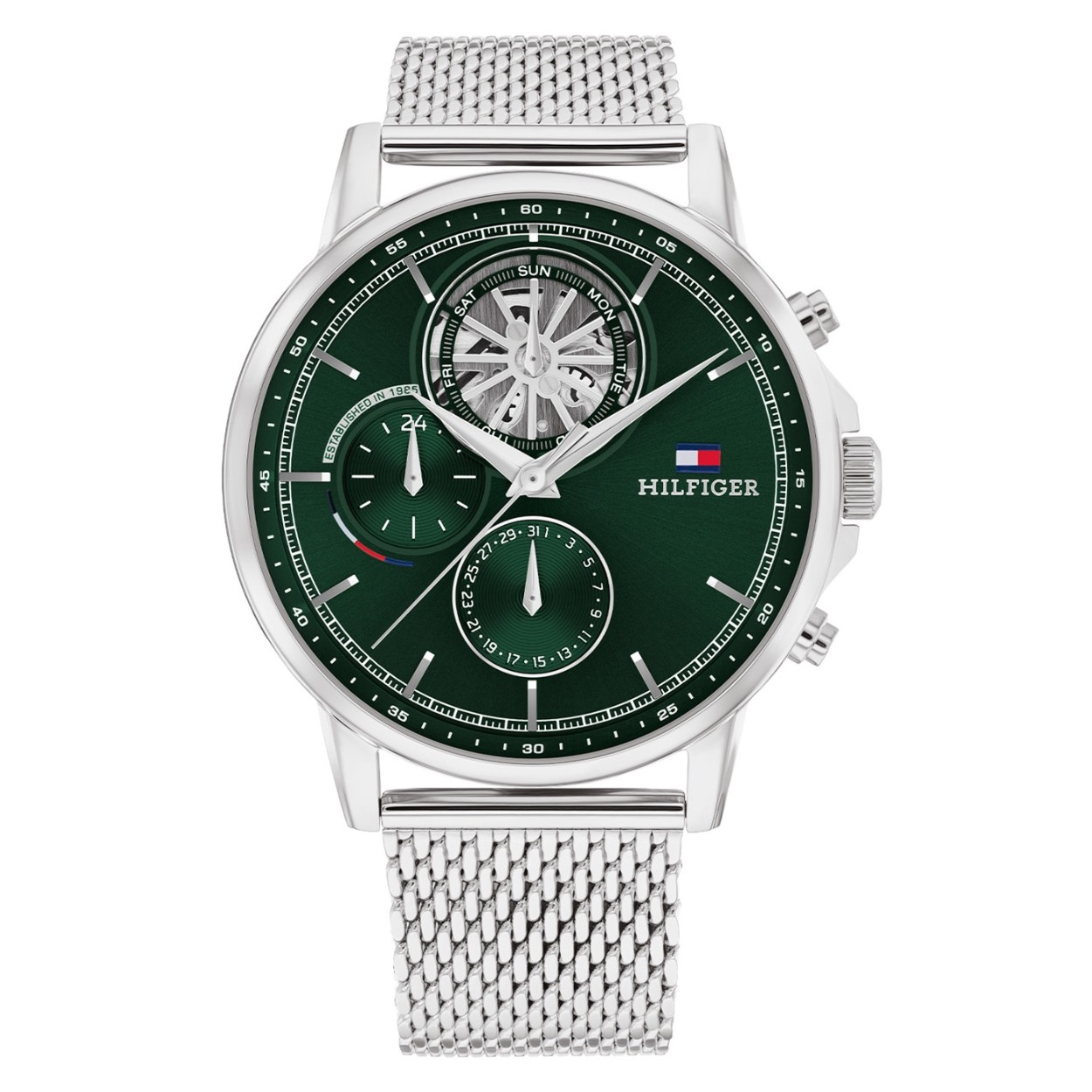 Tommy Hilfiger TH1710608 Horloge Heren Staal Zilverkleurig 44mm
Dit specifieke horloge van Tommy Hilfiger uit de Stewart serie met artikelnr: TH1710608 is een luxe herenhorloge die niet in je collectie mag ontbreken. Het stalen herenhorloge heeft een ronde kast met een gladde bezel en een groene wijzerplaat met dag,- datum, en 24-uursaanduiding. De dagen worden weergegeven in een skeleton oog. Aan het horloge zit een zilverkleurige milanese band met een klapsluiting. Het horloge heeft een mineraalglas, een doorsnee van 44mm en is 5ATM.  

Het merk:
Sinds de lancering van het merk in 1985 is Tommy Hilfiger wereldwijd bekend geworden als pionier van de klassieke Amerikaanse coole stijl. Geïnspireerd door de iconische popcultuur en het Amerikaanse erfgoed. De dames en herencollectie van dit seizoen bestaan uit minimalistische silhouetten en rustieke lederen details. De herenhorlogecollectie biedt iconische uurwerken met roestvrijstalen, lederen en siliconen banden.

Specificaties:
- Mineraalglas
- Ronde kast 44mm
- Zilverkleurige horlogekast
- Groene wijzerplaat 
- Milanese band 
- 5ATM