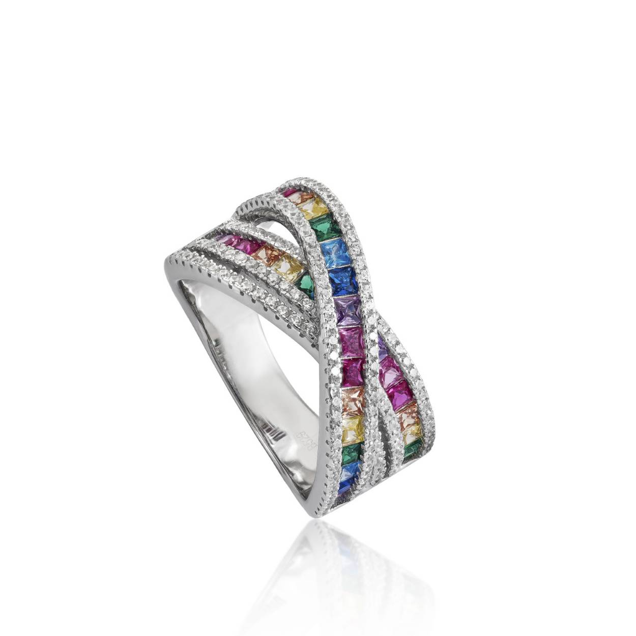 Ring with silver stones design crossed rails with multicolored gems for women. Silver ring formed by two crossed rails of multicolored emerald-cut zircons, surrounded by white zircons. Combine them with the matching earrings and pendant and get a total look.