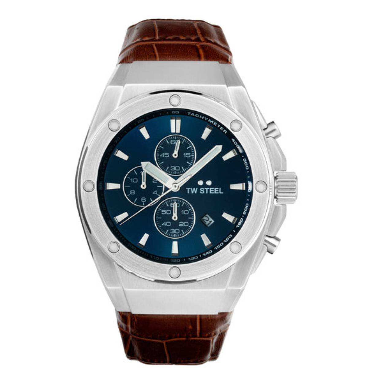 TW Steel TWCE4107 CEO Tech Steel Chrono Bruin Leer 44mm
Dit TW steel herenhorloge uit de CEO Tech serie met nr TWCE4107 heeft een stalen horlogekast van 44mm met een zilverkleurige bezel en een blauwe wijzerplaat met chronograaf en een datum. De uursaanduiding en de wijzers zijn opvallend door de lumibrite accenten. Het stijlvolle herenhorloge heeft een gehard mineraalglas met saffier bovenlaag en een gepolijste schroefkroon. Aan de kast zit een bruine leren croco band met een stalen gespsluiting. Het horloge heeft wereldwijde garantie van 2 jaar en is 10 ATM. Een sportief chique model.

Het Merk:
TW Steel is een Nederlands horlogemerk. Groot in visie en ongeëvenaard in stijl. Sinds onze oprichting in 2005 geven wij tijd een nieuwe dimensie. Met karakteristieke designs stappen wij af van de gebaande paden.
Ons bereik is wereldwijd, of het nu zakelijk, casual of sportief is, bij de horloge collectie van TW Steel gaat het om kwaliteit en precisie. Een horloge dat je persoonlijkheid onderstreept is altijd binnen handbereik. Vorm en functie gaan samen in onze horloges van Zwitserse top kwaliteit. De kunst om je te onderscheiden vergt zelfvertrouwen en lef.
TW Steel is niet zomaar een horloge, TW Steel is een statement.

Specificaties:
- Stalen horloge kast 44mm
- Blauwe wijzerplaat
- Bruine leren croco band
- Gehard mineraalglas
- Schroefkroon
- 10 ATM