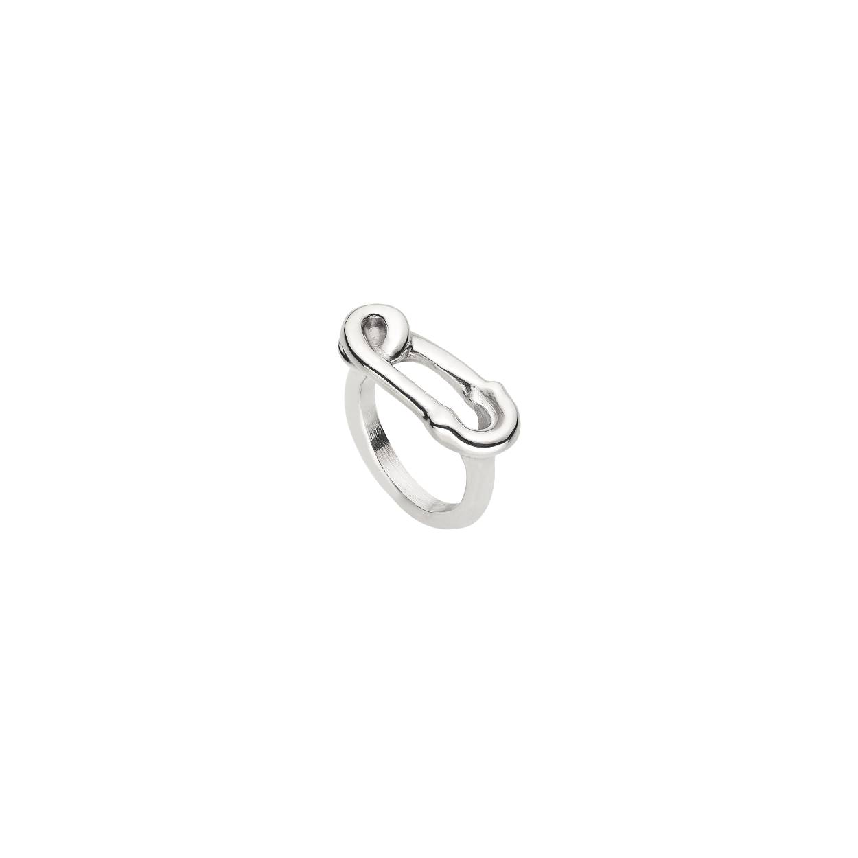Verzilverde ring uit de serie Tailor Made met kleine veiligheidsspeld bovenop. Maat 18,5