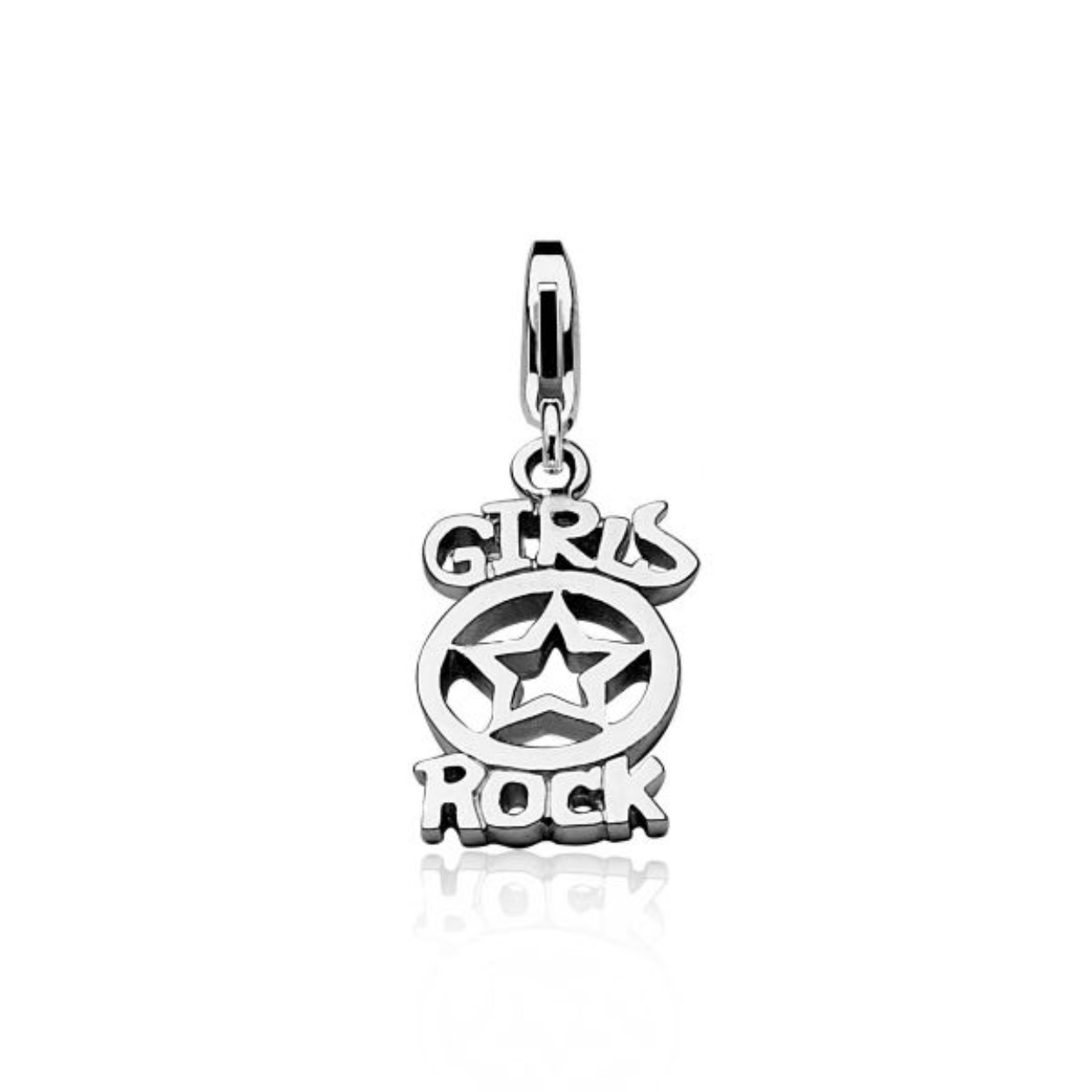 Zinzi zilveren charm met de tekst 'Girls Rock'. Iedere Zinzi charm heeft een mooie sluiting, om gemakkelijk aan armband of ketting te bevestigen. De charm is vervaardigd van eerste gehalte zilver (925) en voorzien van een extra rodiumlaag.