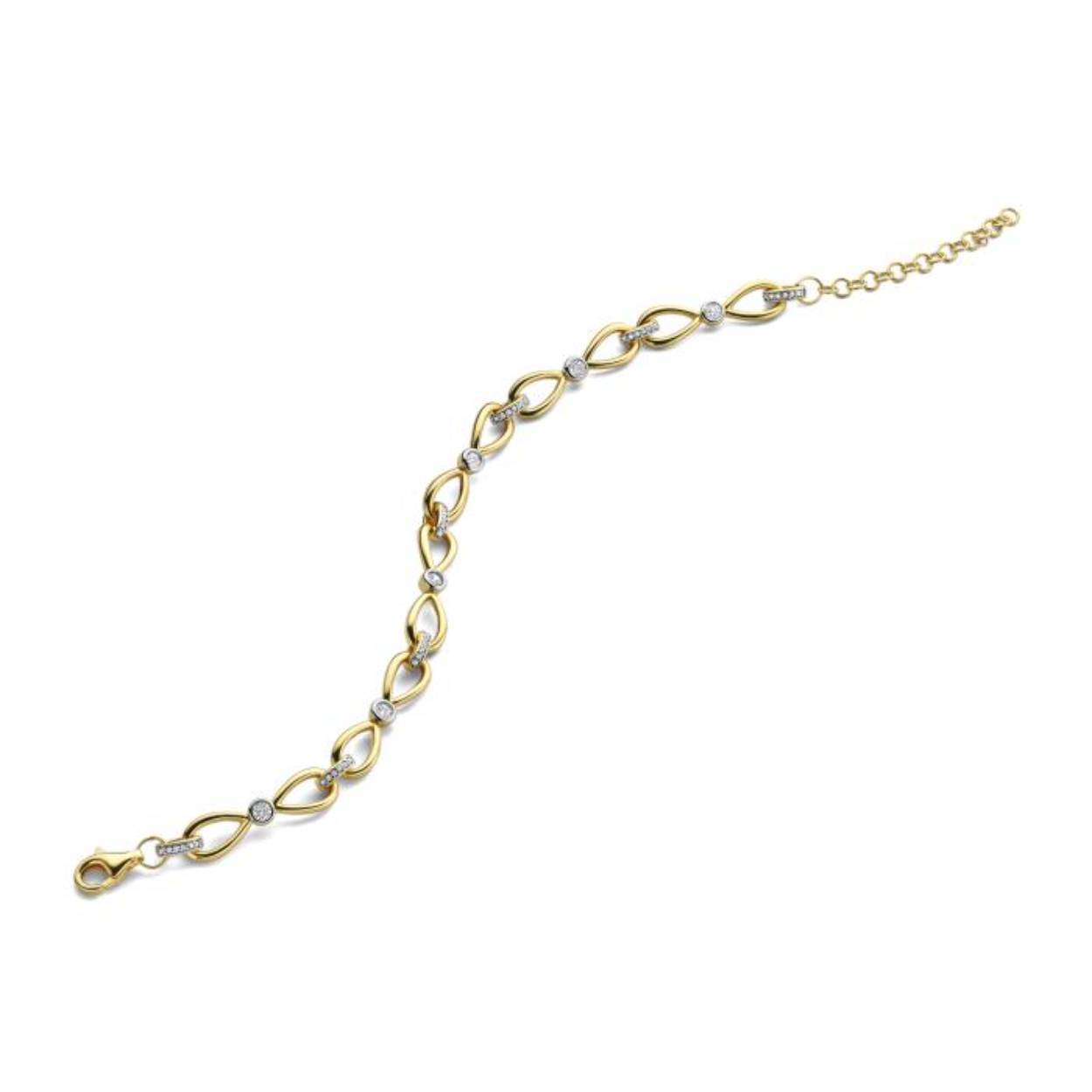 De armband is vervaardigd uit zilver met een laag plaque goud. De armband is gezet met zirkonium