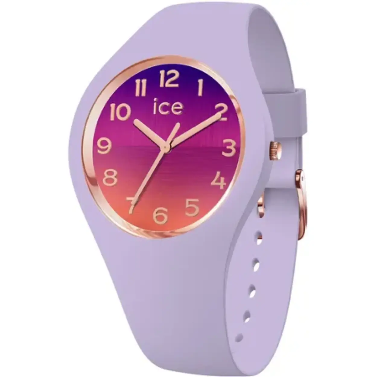 Het horloge ICE horizon - Purple night, met zijn kleurverloop dat kan worden vergeleken met zowel dageraad als schemering, begeleidt u van 's morgens tot 's avonds en zelfs van 's avonds tot 's morgens! Dit discreet en assertief horloge zal al uw outfits begeleiden zonder daarbij op te vallen! Zijn zachte paarse band en mooie roze nummers zullen u nooit in de steek laten.