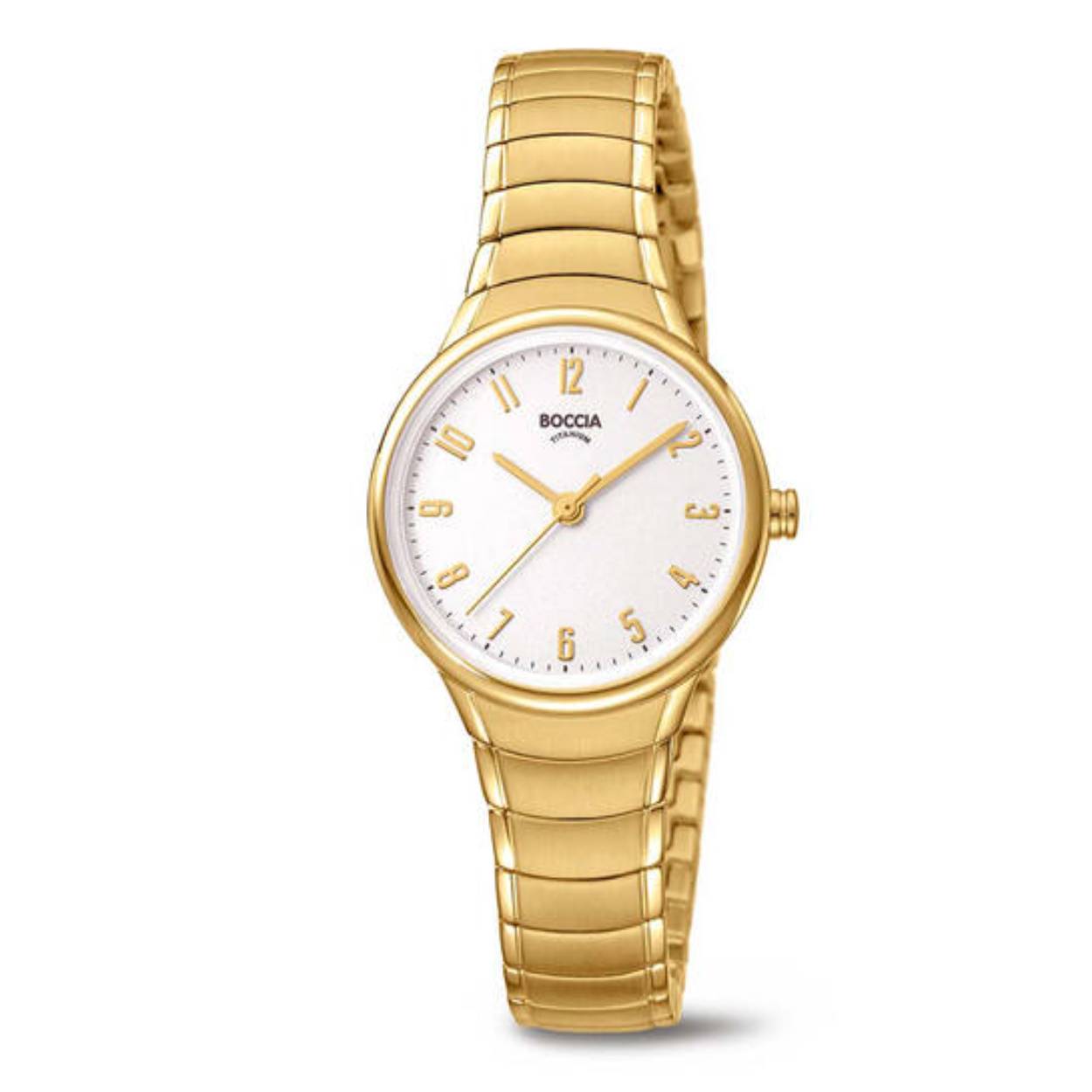 Een tijdloos en elegant goudkleurig horloge van het merk Boccia Titanium. Het horloge beschikt over een witte wijzerplaat met ronde titanium horlogekast van 28mm. 