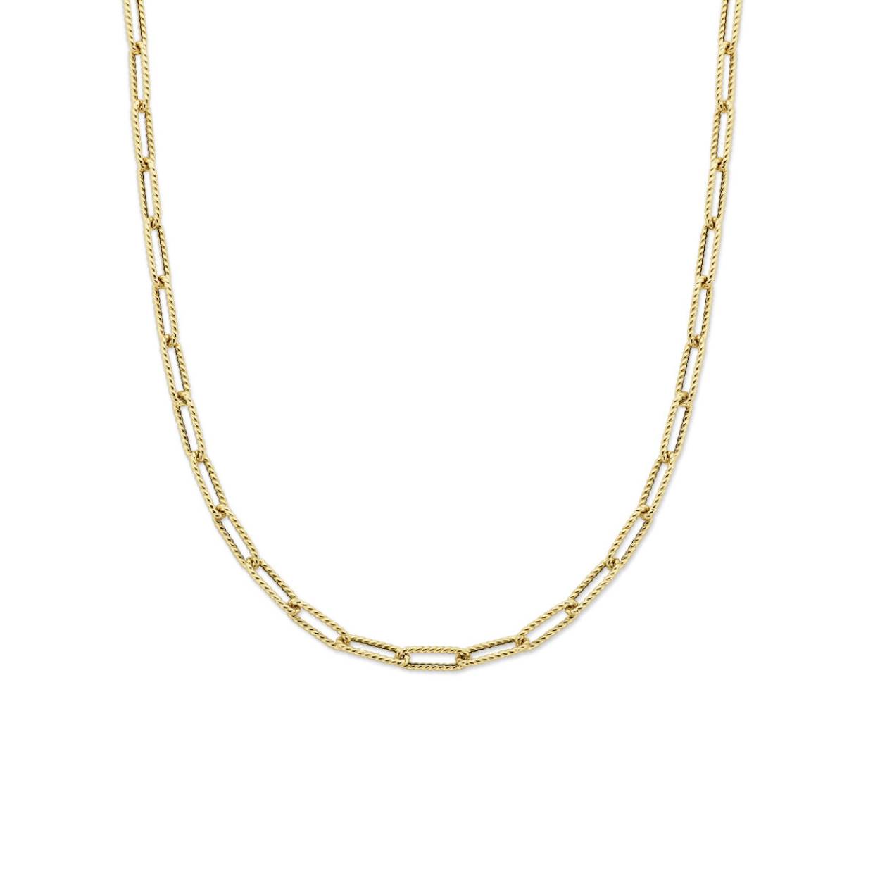 Geelgouden paperclip collier uitgevoerd met een karabijn sluiting. Het collier heeft een draaglengte van 45cm. Er is ook een bijpassende armband bij het collier.
