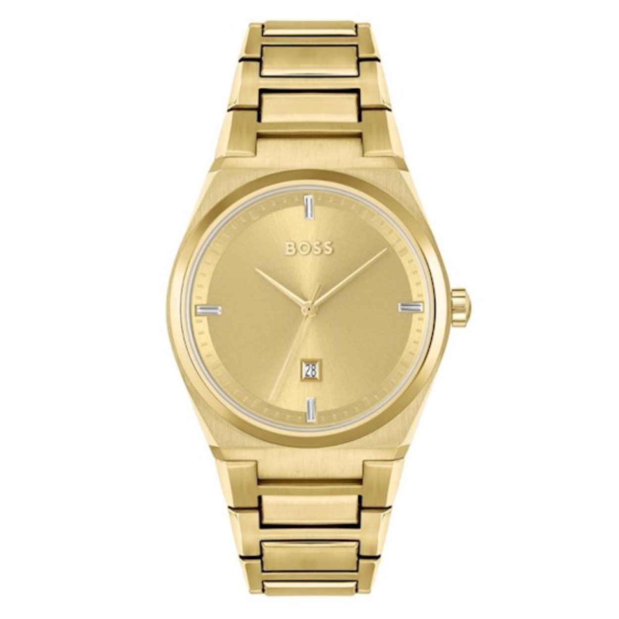 Dit Boss by Hugo Boss horloge, uit de Steer collectie, heeft een vergulde stalen band en kast. De wijzerplaat is sunray goudkleurig met baguette vormige steentjes als indexen. 