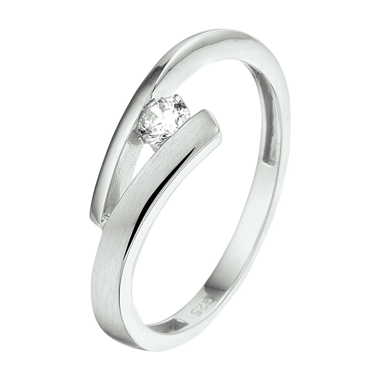Gerhodineerd 925 zilveren ring uitgevoerd met een heldere zirkonia en een poli/matte afwerking. De ring heeft een breedte van 6.5mm.