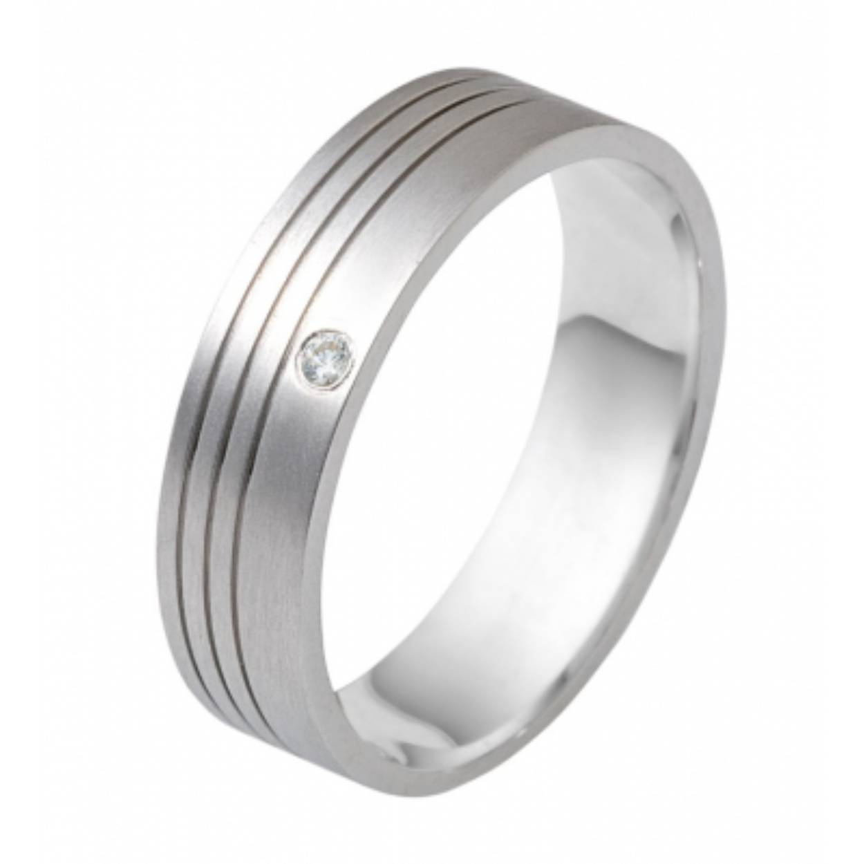 585 witgouden trouwringen, 5 mm breed. De damesring is gezet met 0.015ct briljant. Mat
Prijs is op aanvraag