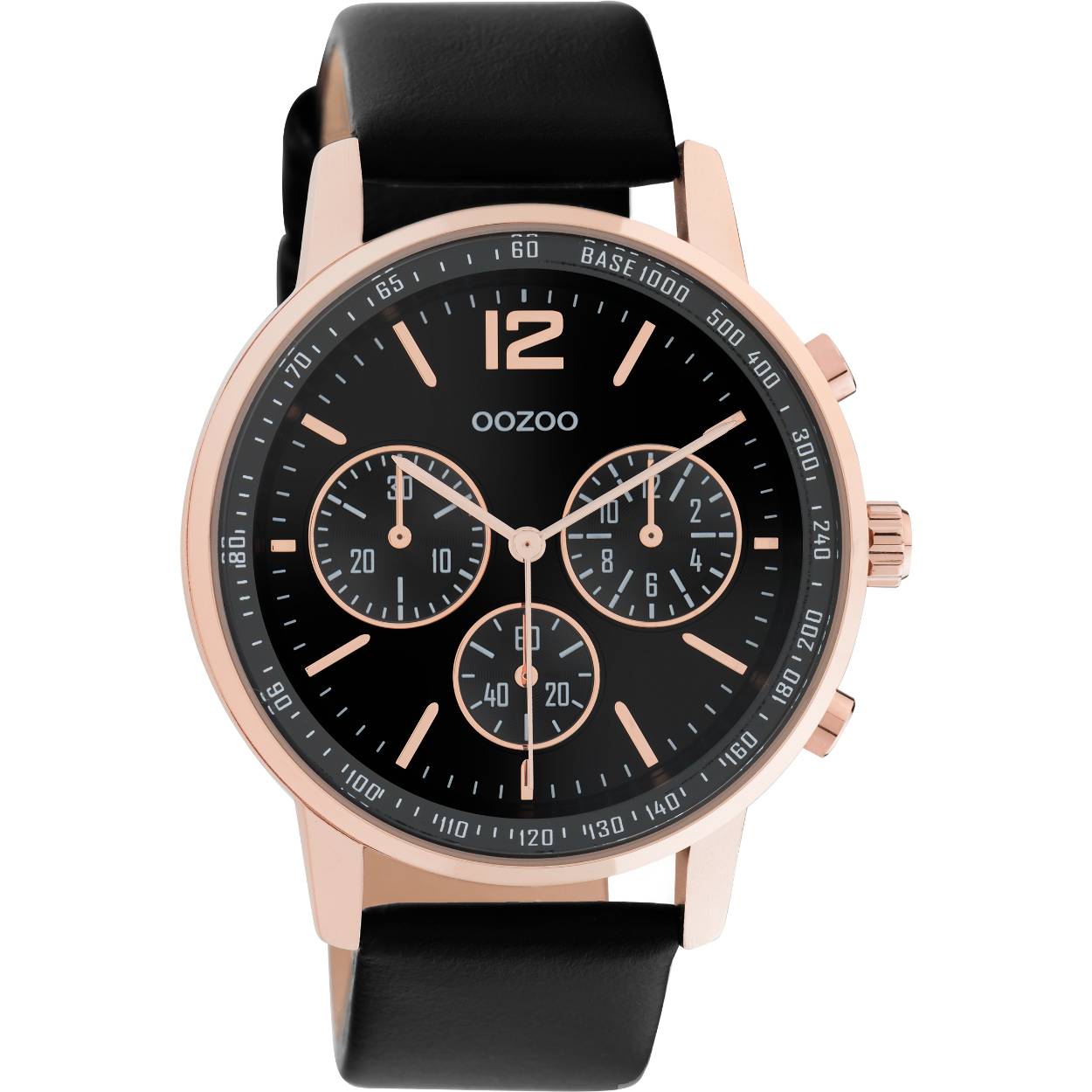 Dit ronde unisex design uit de trendy OOZOO Timepieces collectie is een waar fashion statement. Met zijn sterke matzwarte leren band en 42 mm roségouden metalen horlogekast steel je zeker de show in elke kamer. De combinatie van de zwarte wijzerplaat met roségouden strepen cijfers en bijpassende wijzers maakt dit horloge een onmisbaar stuk voor je garderobe. Het mineraalglas ligt in een metalen horlogekast met IP-plating. Dit ontwerp heeft een roestvrijstalen achterplaat en is nikkelveilig. Dit horloge heeft een Japans uurwerk van 2 ATM en wordt gedekt door een garantie van 2 jaar.