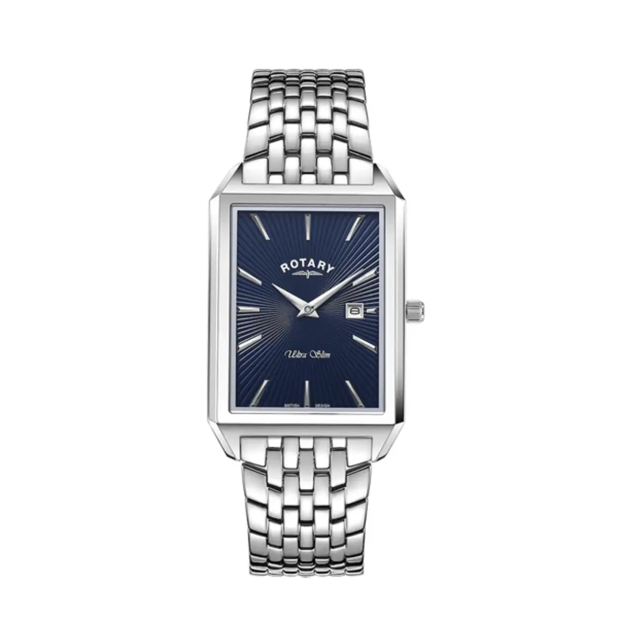 The ever-popular Ultra Slim, with a beautifully faceted, rectangular case design, this Ultra Slim is the ultimate dress watch. Powered by a reliable Miyota quartz movement, the dial aesthetic is all about understated sophistication: the deep midnight blue, Sunray guilloche dial, applied indices, sapphire glass and date window at 3 O'clock enhance the luxury, dressy appeal of this Ultra Slim. Finished with a striking 7-link stainless steel bracelet, and water resistant to 50m, this new Ultra Slim will add class to any occasion.