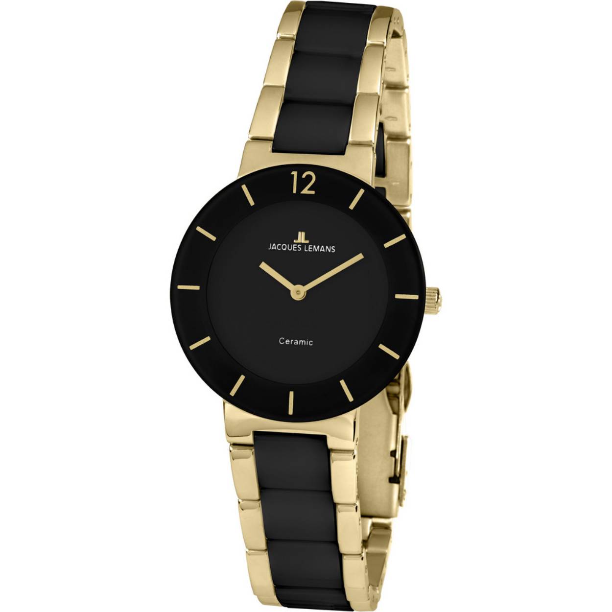 Dit dameshorloge is van het merk JACQUES LEMANS. Het is een horloge met een band gemaakt van RVS en keramishe. De diameter van de kast is 42 mm.