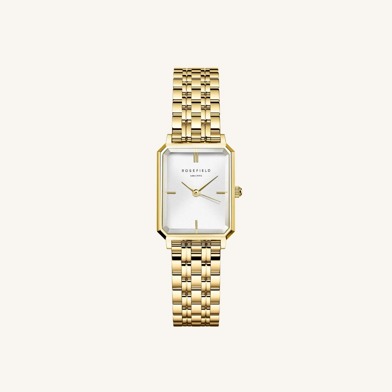 De Octagon XS past perfect om de smallere pols. Het 24mm achthoekige horloge heeft een moderne uitstraling, met klassieke details zoals 3D-facet glas en een elegante 5-link horlogeband van verguld roestvrij staal.