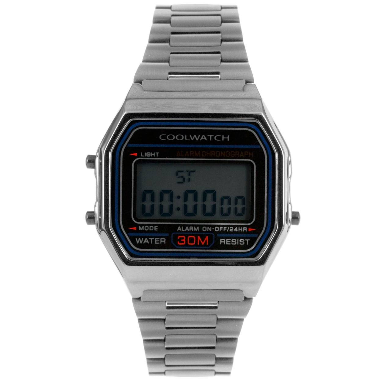 Prisma digitaal retro horloge met stalen band, 3 ATM in zilver