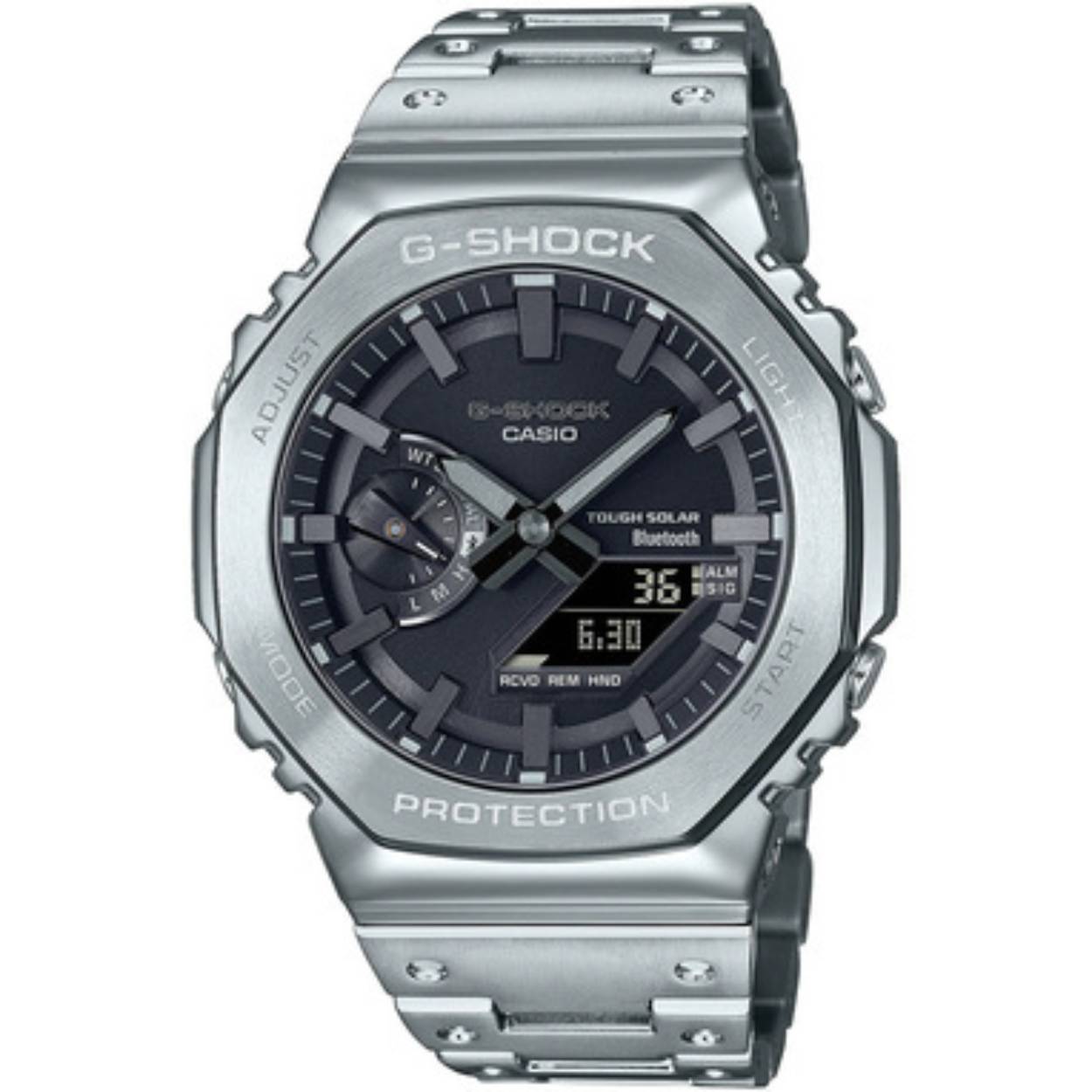 Deze nieuwe G-Steel biedt een moeiteloos stijlvolle pasvorm, en de opnieuw ontworpen bezel zorgt voor een compacter formaat en verbeterde textuur. Het is het dunste, lichtste G-Steel horloge met een metalen band tot nu toe.

Dit G-Shock horloge heeft een Roestvrijstaal kast met een diameter van 48.9 mm en is voorzien van een metalen band. In de kast bevindt zich een Casio kwaliteitsuurwerk en is afgewerkt met Mineraalglas.

Het horloge is 20ATM. Dit betekent dat het horloge geschikt is voor diepzeeduiken. Verder wordt het horloge geleverd met 2 jaar garantie.
