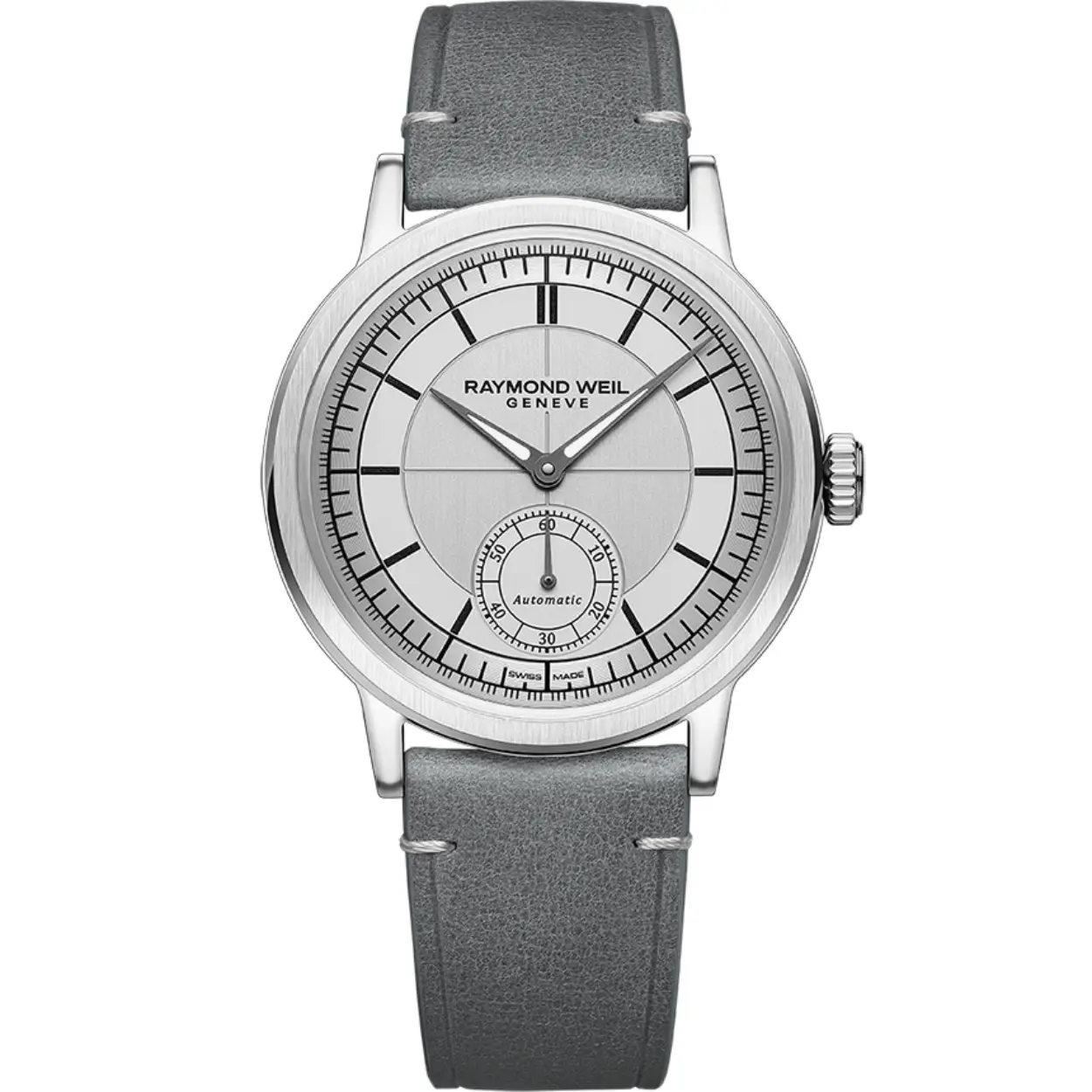 Voor deze inaugurele millesime-collectie brengt RAYMOND WEIL hulde aan het rijke erfgoed en de tradities van de uurwerken en viert hij de eenvoud van verfijnd design. Millesime uurwerken bieden een historische charme gecombineerd met hedendaagse bruikbaarheid.

De wijzerplaat, die zich onder een vintage-geïnspireerde doos van saffierkristalglas bevindt, is tot in de hoogste graad verfijnd. De uren en minuten worden welsprekend overgebracht met zilverkleurige wijzers, bekleed met Super-LumiNova®. De sectorwijzer geeft de uren, minuten en seconden weer op afzonderlijke sporen, wat de leesbaarheid vergroot.

Een nadere inspectie van de wijzerplaat onthult contrasterende afwerkingen, het uurspoor is glad, het minutenspoor is geslakken en het centrale gedeelte van de wijzerplaat is versierd met een delicaat verticaal penseel. De millesime heeft een kleine secondeaanduiding op 6 uur, afgebakend met een nette verzonken cirkel, die een ogenschijnlijk spel met dieptes introduceert, dat is verrijkt met een smaakvolle selectie van details.

De bezel is versierd met een verticale satijnborstel die prachtig contrasteert met de hoogglans gepolijste afschuining in de buurt. Deze nevenschikking van twee afwerkingen versterkt het algehele afwerkingsniveau.

Een saffieren achterkant van de kast biedt zicht op het zelfopwindende uurwerk binnenin en het "W-vormige" oscillerende gewicht, de uurwerksignatuur van RAYMOND WEIL. De band van echt kalfsleer is voorzien van een uniek W-gestikt detail.

Zoals de naam al doet vermoeden, is de collectie een grootse vintage interpretatie van het merk RAYMOND WEIL.
