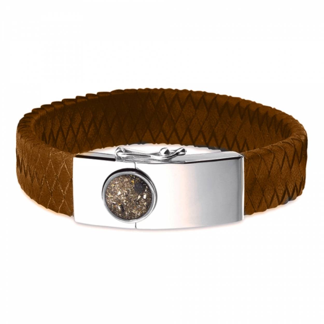 Zilveren armband met lederen bandje. Bovenop het zilveren stuk kan de armband gevuld worden met as of haar. De lederen band is verkrijgbaar in diverse kleuren en wordt voor u op de juiste polsmaat gemaakt. 