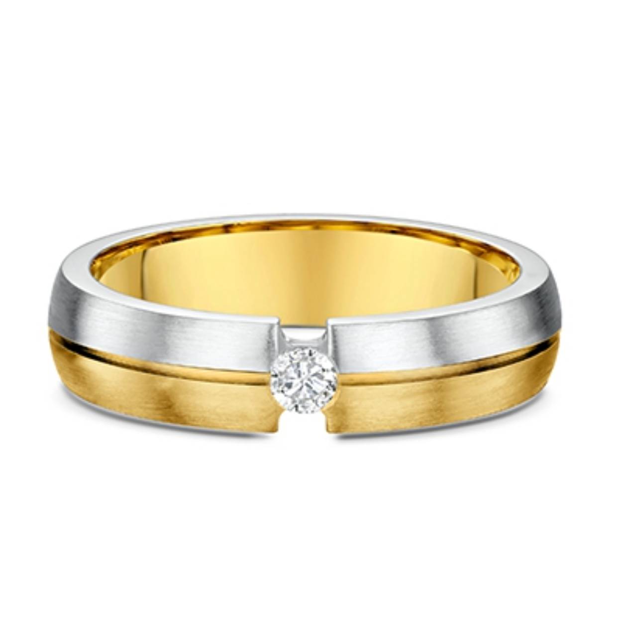 14k gouden bicolor trouwringen. De dames ring is bezet met een briljant geslepen diamant van 0.25ct. Beide ringen zijn 5mm breed.