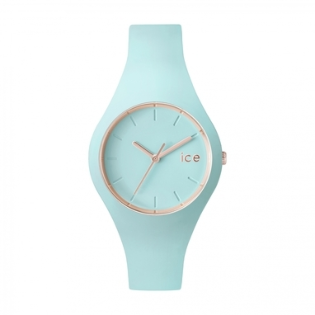 Strak mintgroen dameshorloge van ICE WATCH. De flexibele rubberen band is mintgroen van kleur. De wijzerplaat is mintgroen, met roségouden wijzers. 