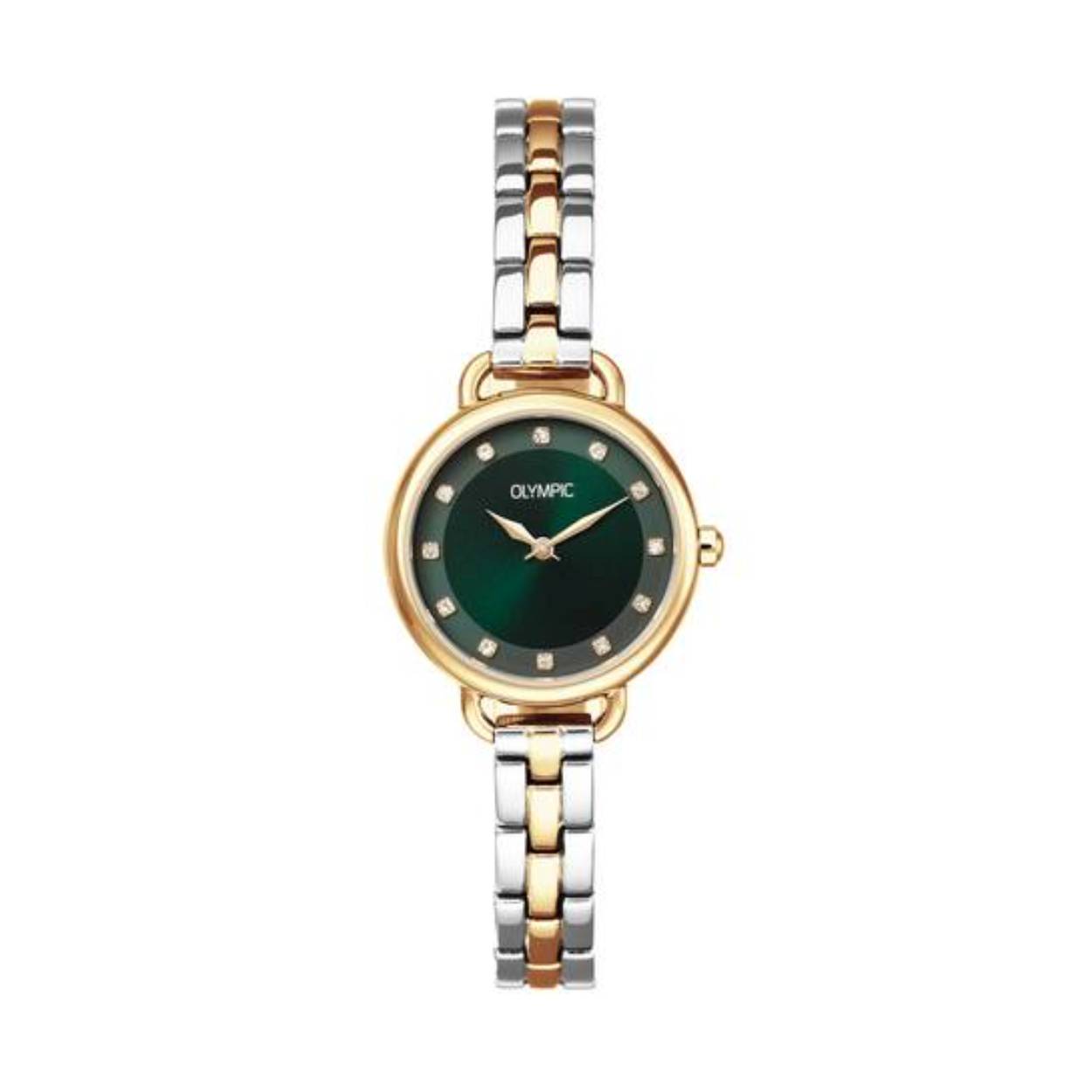 Olympic OL82DSS001B Tess Horloge Staal 26mm 
Dit unieke Olympic horloge met artikelnummer: OL82DSS001B is een dameshorloge met een chique uitstraling. Het horloge heeft een ronde stalen kast met een goudkleurige bezel, een groene sunray wijzerplaat met zirkonia als uursaanduiding en sierlijke wijzers. Aan de kast zit een stalen fijne bicolor schakelband met druksluiting. Het horloge heeft een mineraalglas, een doorsnee van 26mm en is 3ATM.

Het merk:
Een mooi horloge hoeft niet duur te zijn! Het Nederlandse horlogemerk Olympic levert stoere chronografen, slimline series, digitale uurwerken en elegante dameshorloges. De prijs-kwaliteitverhouding staat bij Olympic hoog in het vaandel met prijzen die uiteenlopen van € 34,95 tot en met € 159,00.

100% Nederlands ontwerp, waterdicht en standaard 3 jaar fabrieksgarantie.

Specificaties:
- Ronde kast Ø 26mm
- Stalen horlogekast
- Groene wijzerplaat
- Stalen schakelband
- 3ATM 
- Standaard 3 jaar fabrieksgarantie
- Mineraalglas