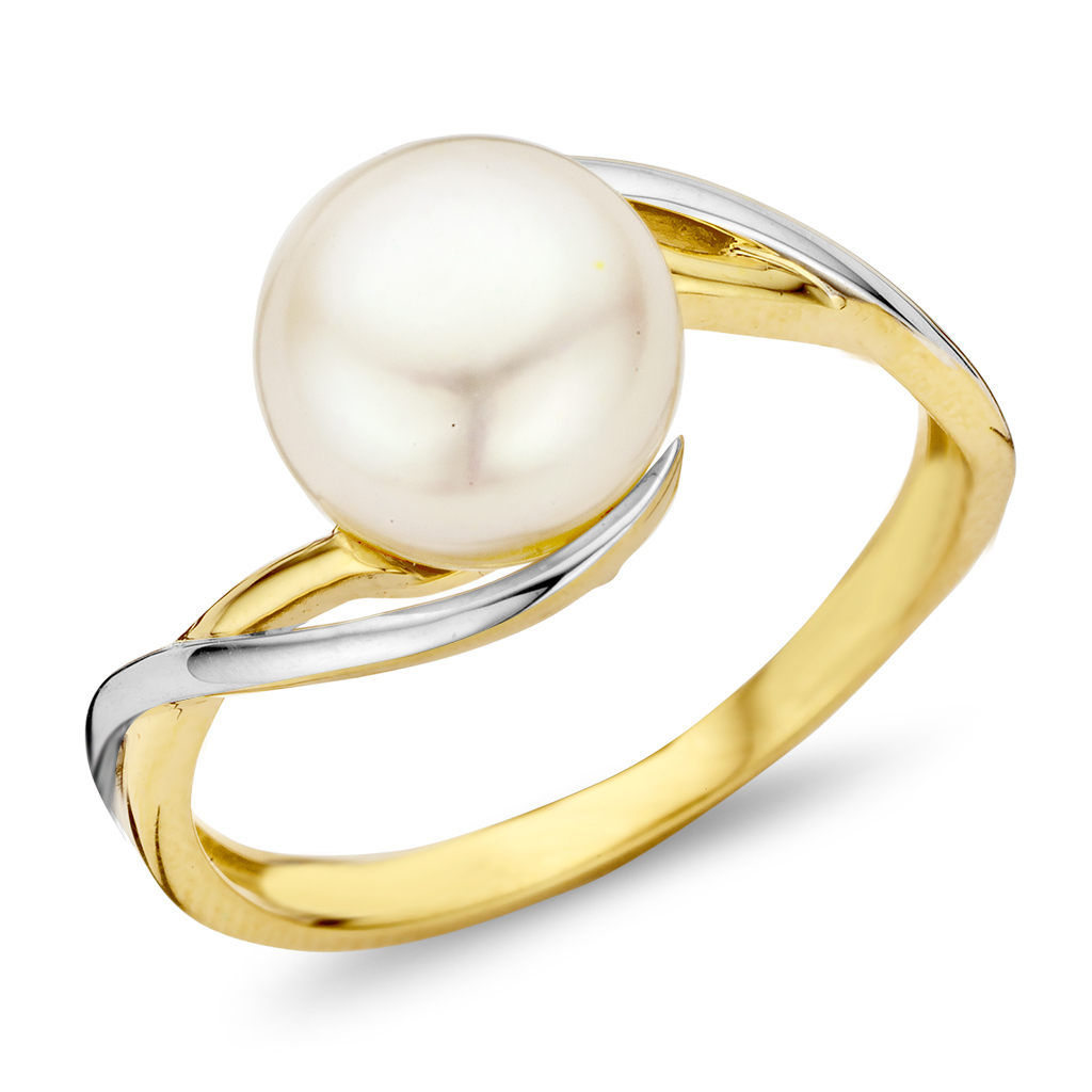 Tweekleurige gouden ring met parel - 18 kt wit/geel goud - Bijhorende collier en oorhangers ook verkrijgbaar - De prijs kan variëren naargelang de goudprijs