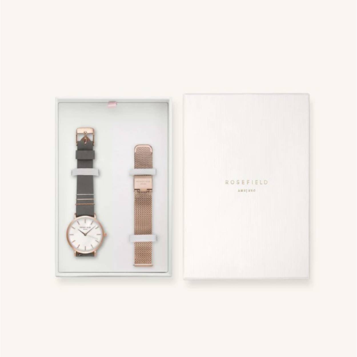 Want twee cadeaus zijn beter dan een. Bespaar 15% korting op je favoriete Rosefield horloge met een bijpassend bandje. West Village Grey Rose gold and the Mesh Rose gold bandje.