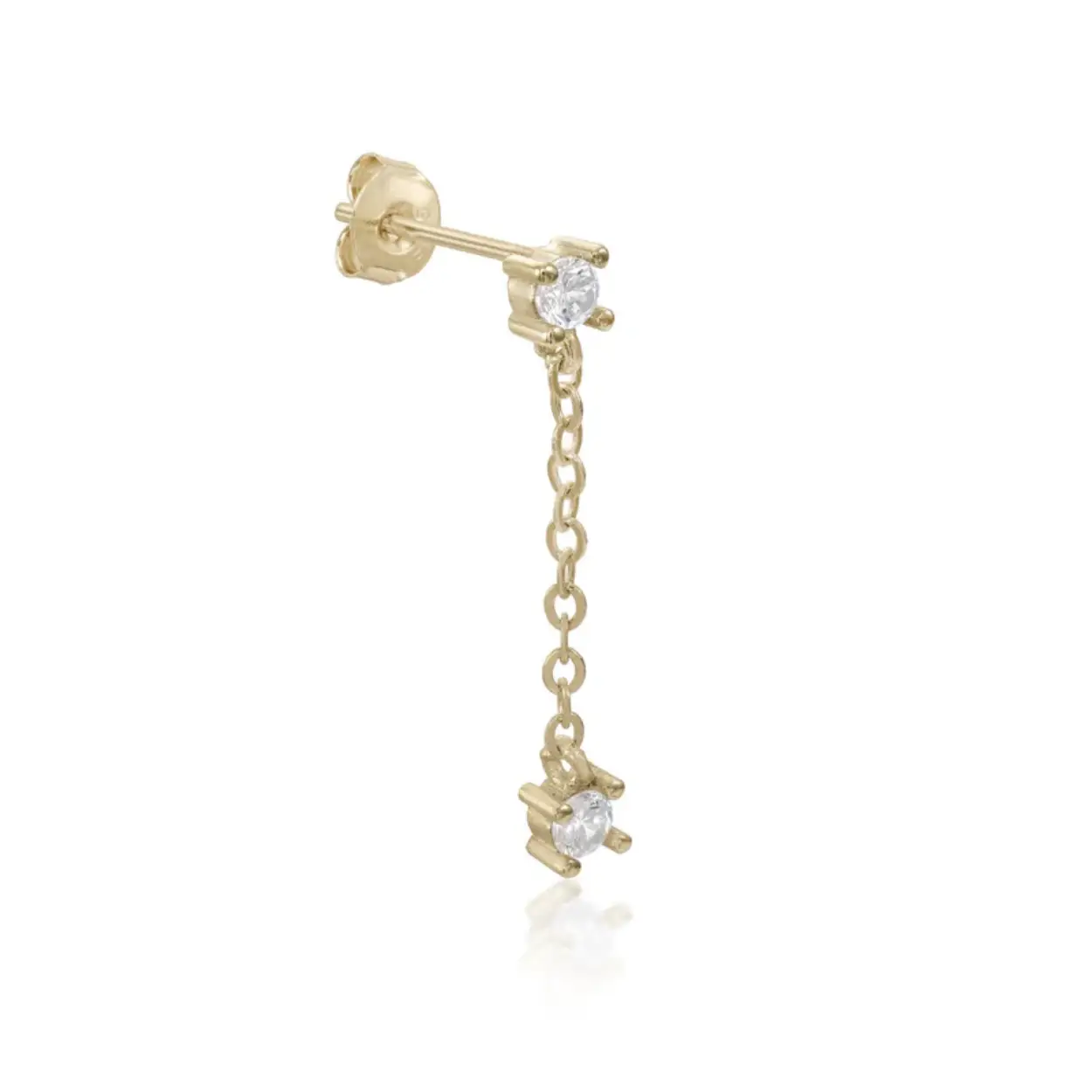 Gold plated silver piercing chain design with zircons at the ends for women. An original design. Small gold plated silver earrings formed by a white zirconia flower and a thin chain.