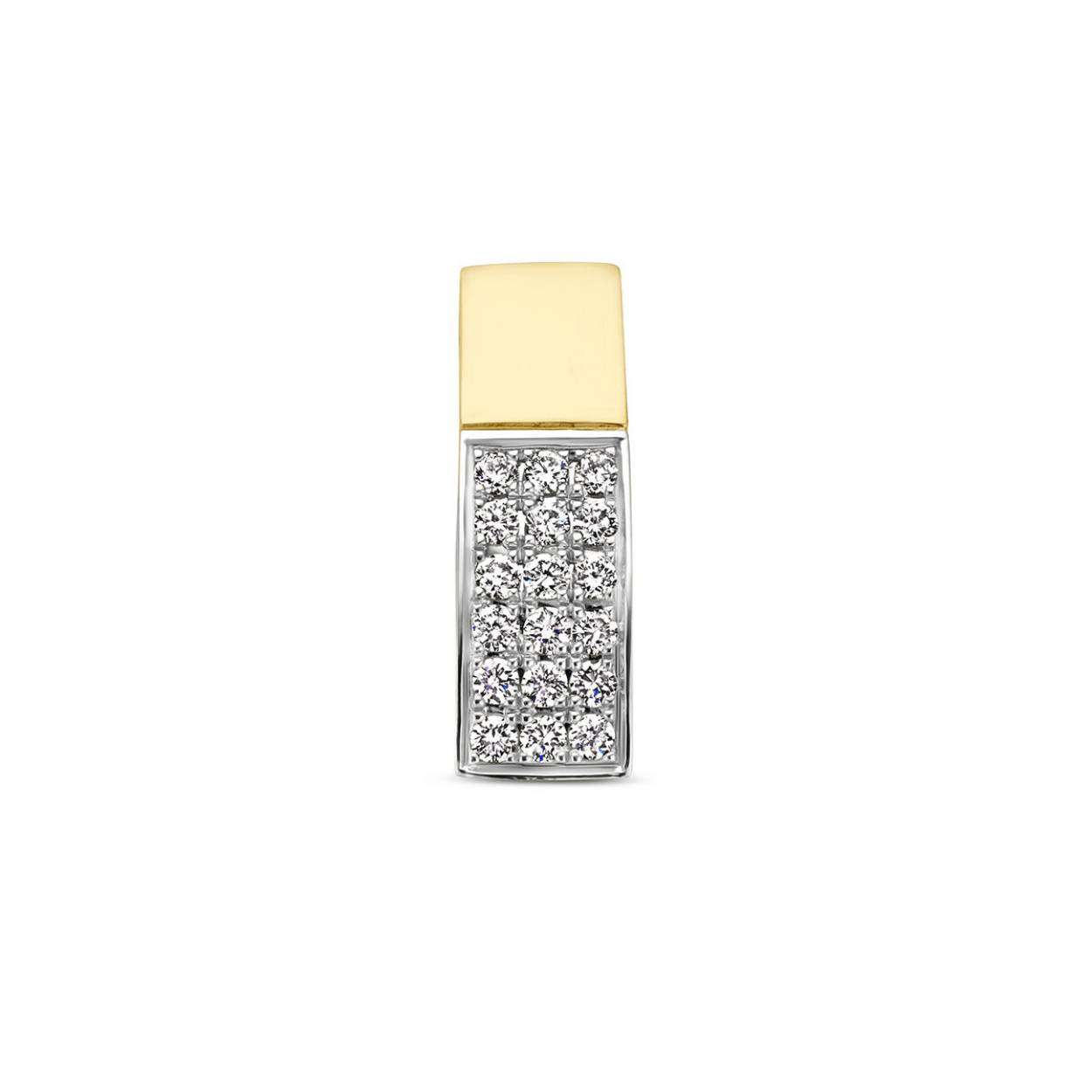 14k Bi-color geel- en witgouden hanger uitgevoerd met diamanten. De hanger heeft een afmeting van 11.5x4mm.

