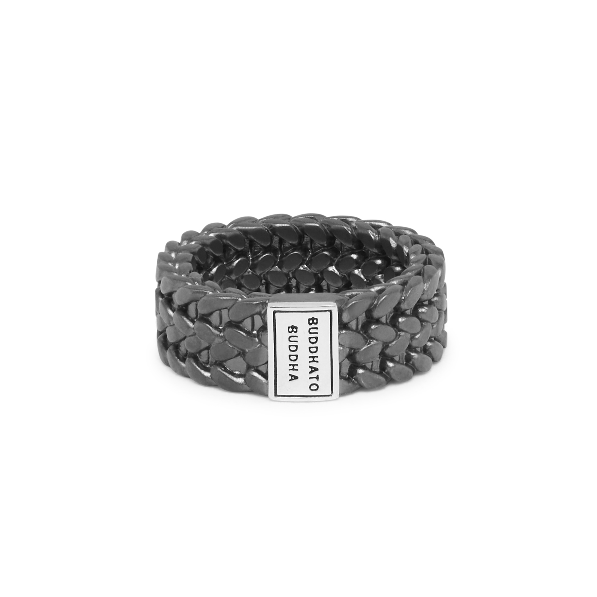 Buddha To Buddha black rhodium smalle 925 sterling zilveren  fantasie schakelring met een zilveren logo plaatje. Model - 125 BRss-Ben in maat 20