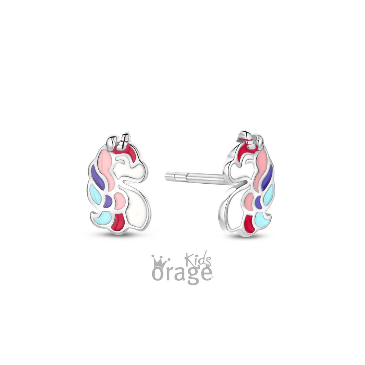 Zilveren oorstekers 'unicorn' van het merk Orage kids
Ook verkrijgbaar als oorhangers  
Bijhorende ketting met hanger ook verkrijgbaar