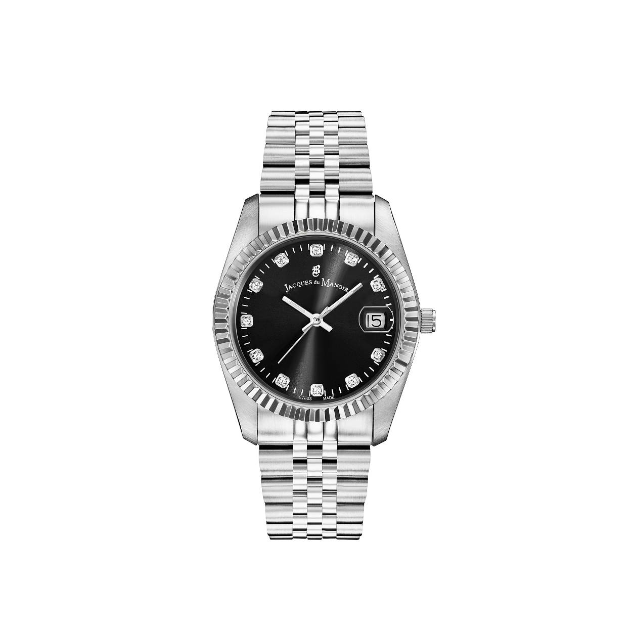 Dames Horloge met zwarte wijzerplaat en zilverkleurige roestvrij stalen schakel band.