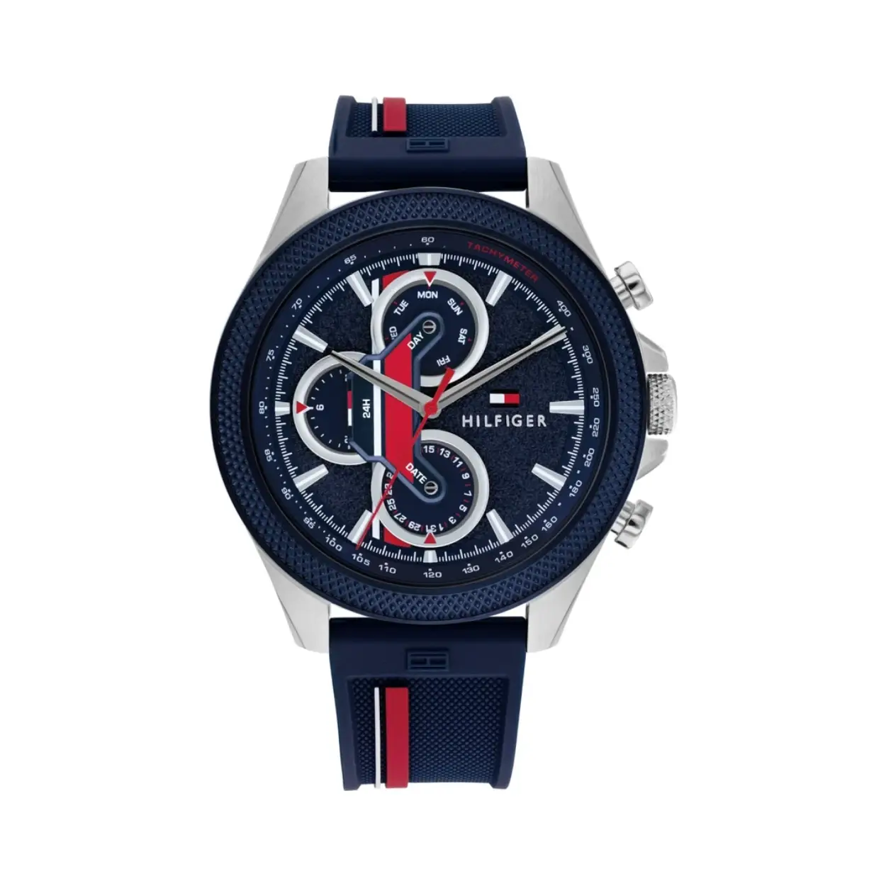 Herenuurwerk van Tommy Hilfiger
Zilverkleurige kast in edelstaal met donkerblauwe lunette
Blauwe rubberen band
Blauwe wijzerplaat multifunctie met dag/datumaanduiding
Waterdichtheid: 5 ATM