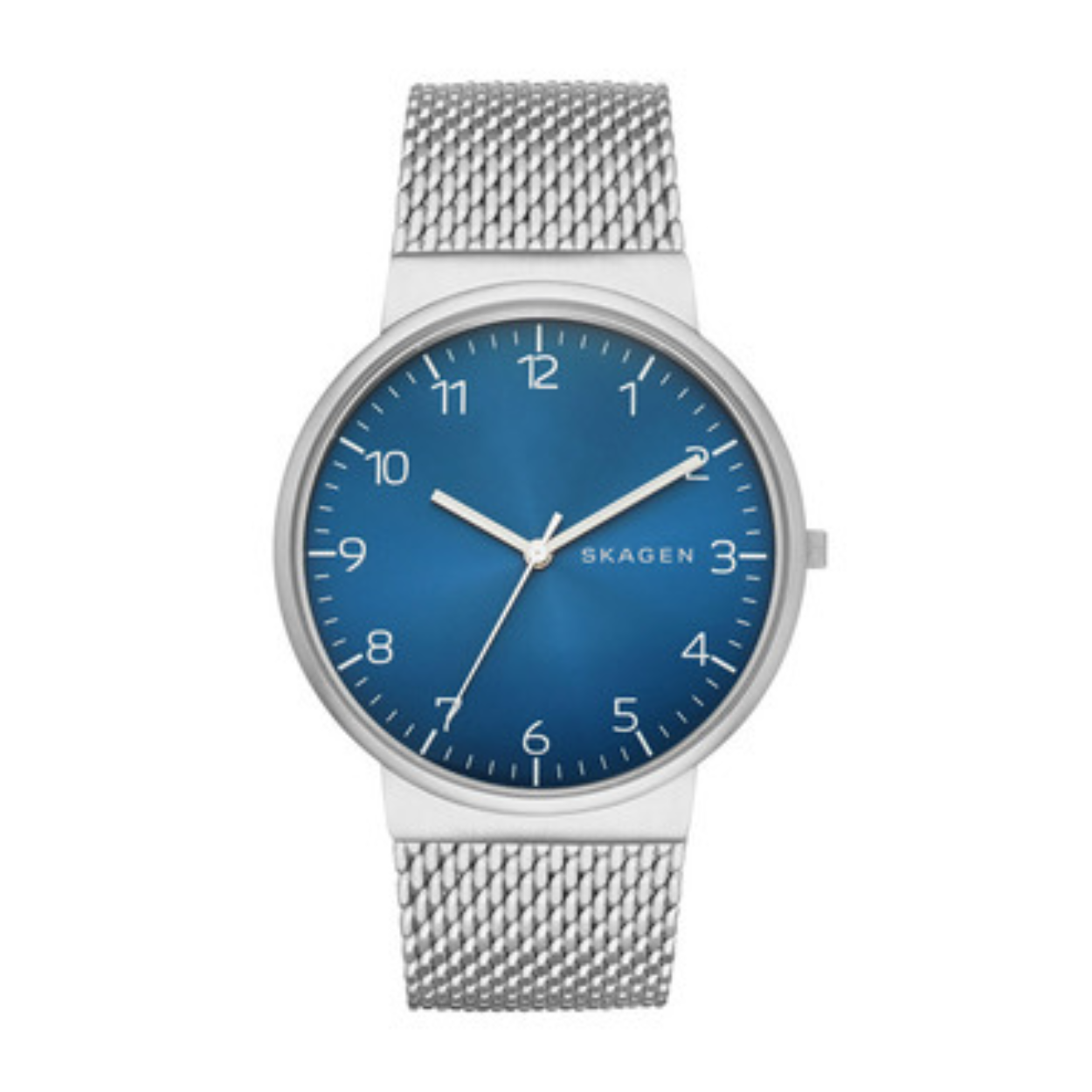 Zilveren herenhorloge met stoere milanese band van het merk SKAGEN. De wijzerplaat is blauw achter een laagje mineraalglas. Ook dit horloge heeft een kenmerkende dunne horlogekast, net als veel andere SKAGEN horloges. 