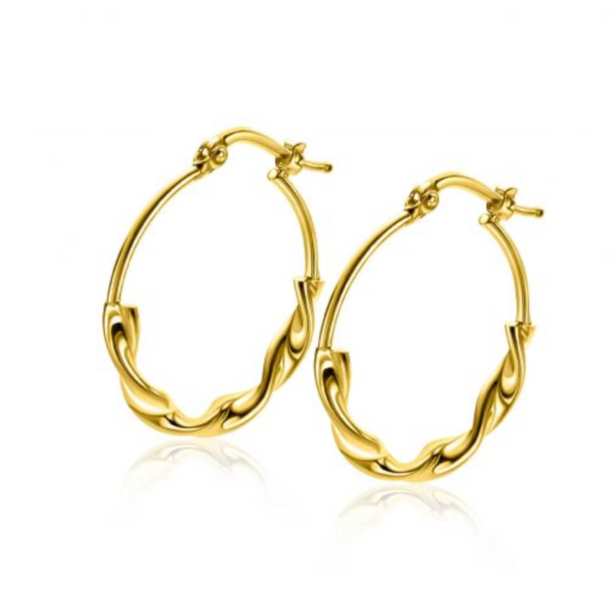 ZINZI gold plated zilveren oorringen 27mm met een trendy combinatie van een gladde en gedraaide buis. De oorringen zijn 27mm in doorsnede en 3mm breed. Met gemakkelijke bovensluiting. Vervaardigd van eerste gehalte zilver (925) en extra geelverguld.