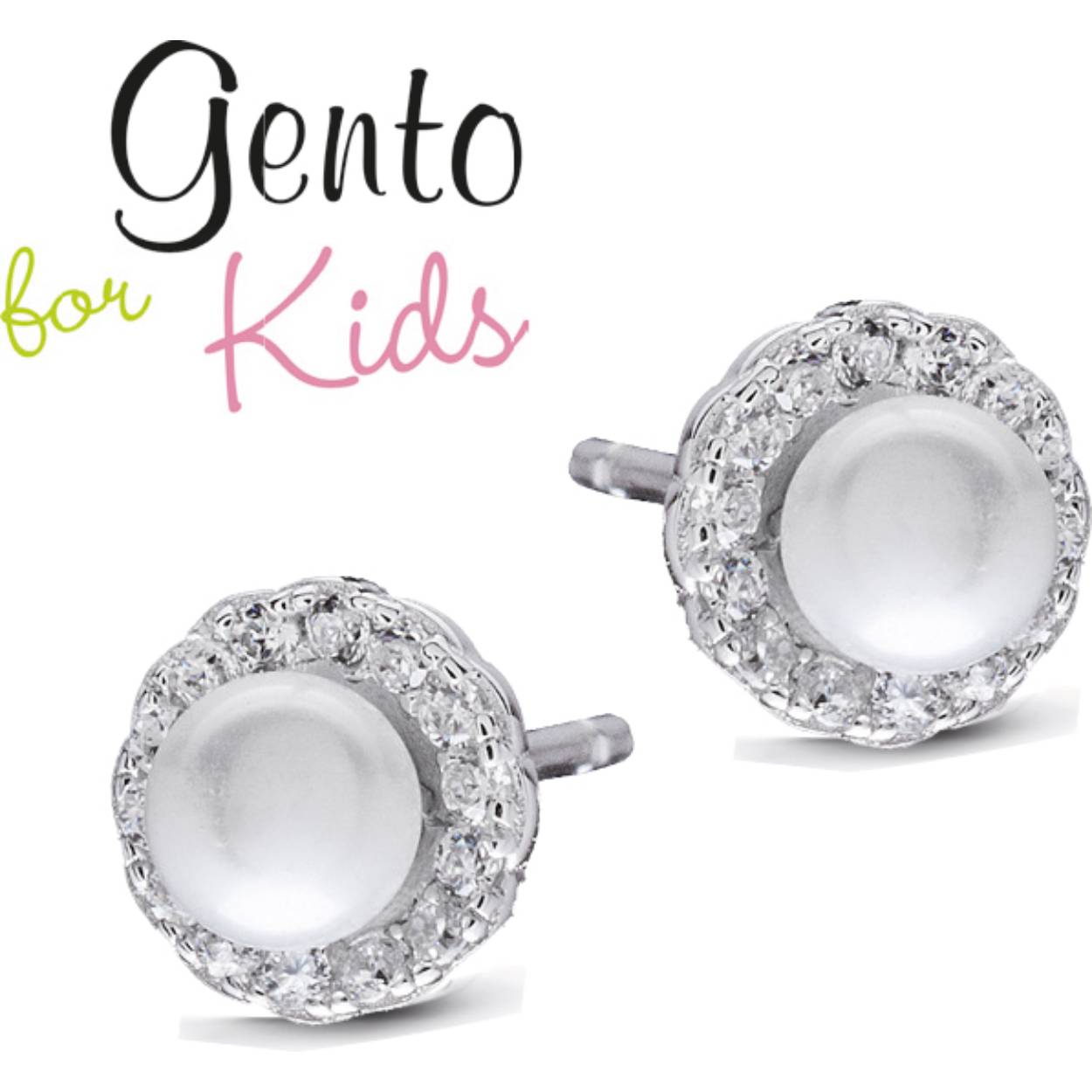 Zilveren oorstekers met parel en zirkonium steentjes van Gento kids