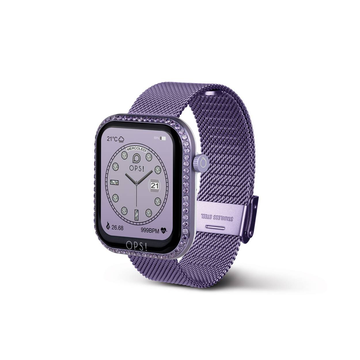 Case dimensions 40.7×45.8×12 mm with 1.83″ color full touch display. Inner circumference of the strap: 180mm to 140mm. Steel pin clasp for the silicone strap, steel sliding clasp for the mesh strap.