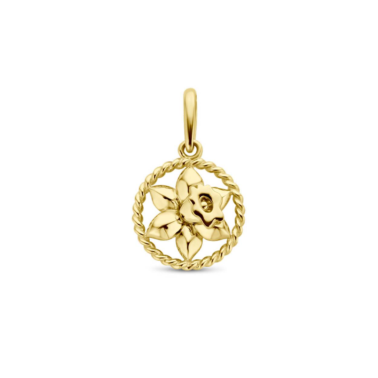 14k Geelgouden hanger met een geboortebloem. De hanger heeft een totale hoogte van 17mm. Maart, narcis 