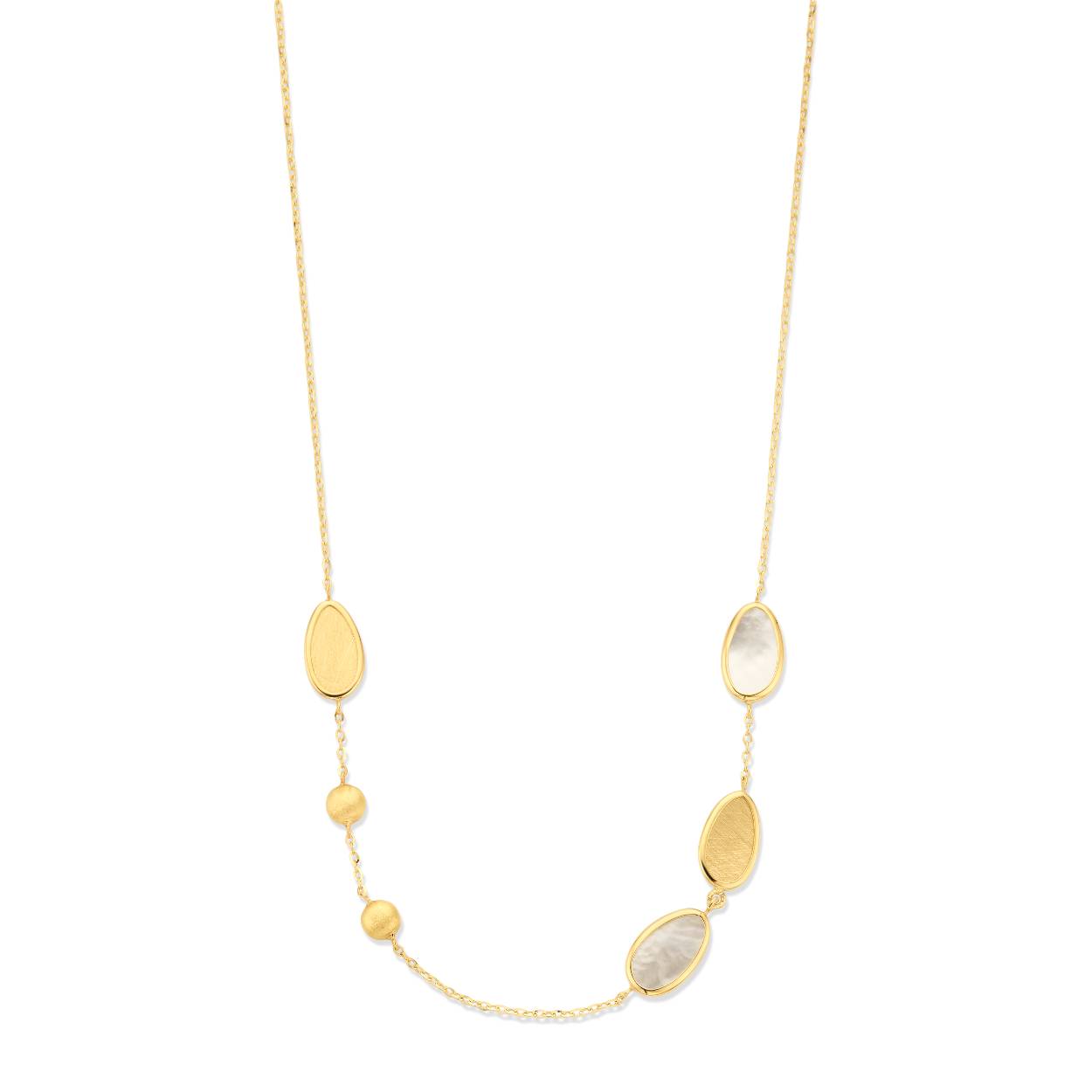 Geelgouden collier van 18KT met platte schakels en parelmoerige schakels.