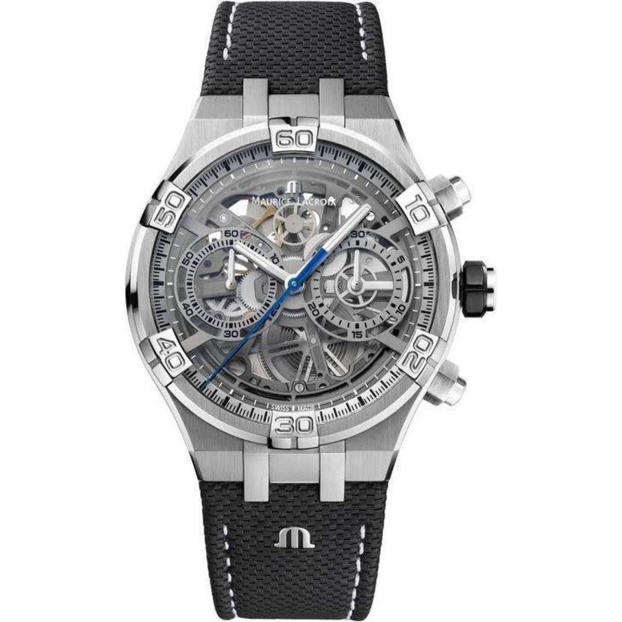 Dit horloge is van het merk Maurice Lacroix. Het is een chronograaf horloge met een band gemaakt van leer.De diameter van de kast is 44 mm.
De verdere specificaties van het horloge zijn als volgt:
Glassoort: saffier
Kastmateriaal: edelstaal
Techniek: automatisch
Kastkleur: zilver
Kastvorm: rond
Bandkleur: zwart
