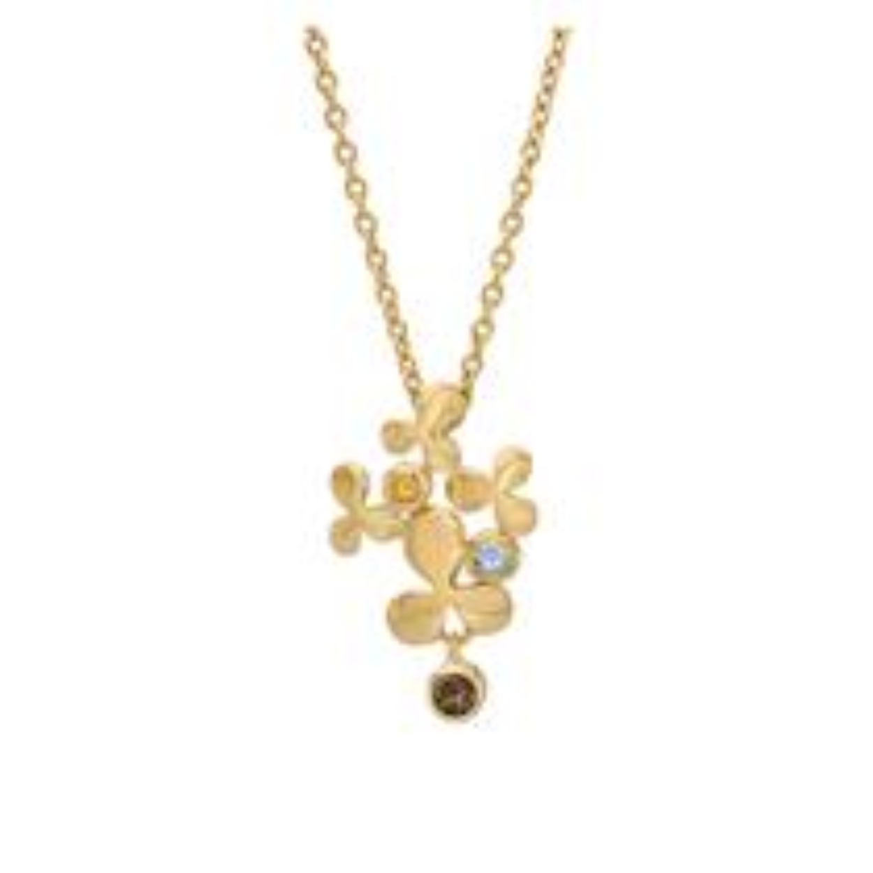  geel goud vergulde zilveren ketting kan op 42 en 45 cm gedragen worden. Aan de ketting zit een hanger welke versierd is met bloemetjes waartussen een 3mm rookkwarts, 2,5 mm blauwe topaas en een 2 mm citrien zich bevinden.