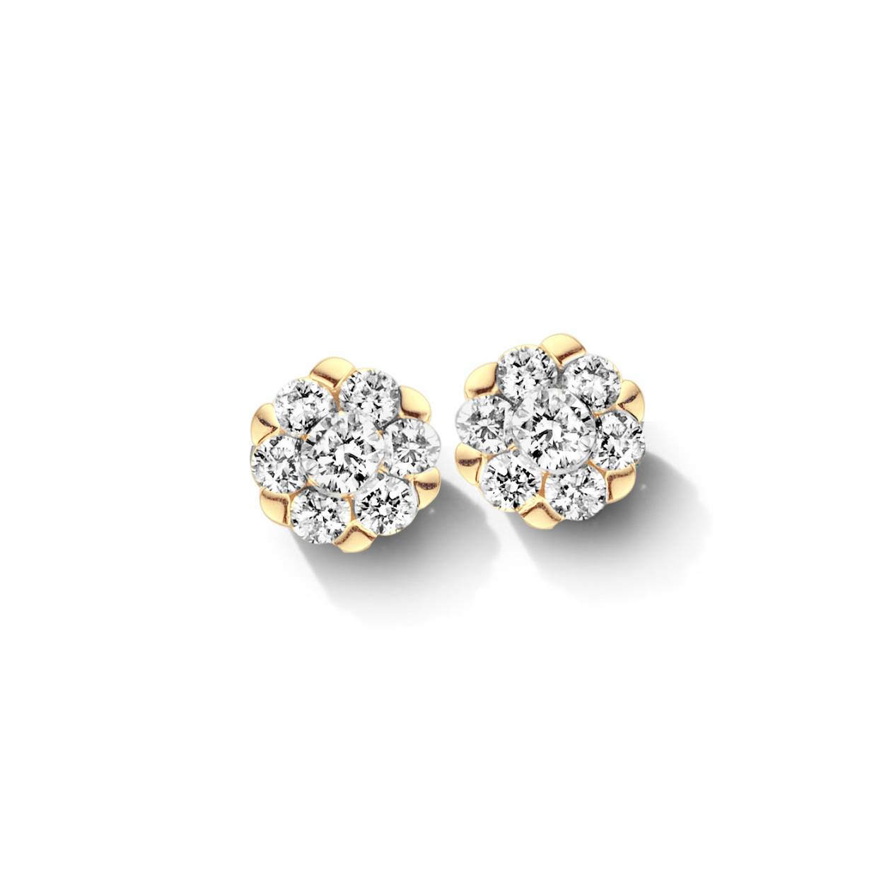 Oorbellen 18 kt goud + 0.16ct briljant bloemzetting