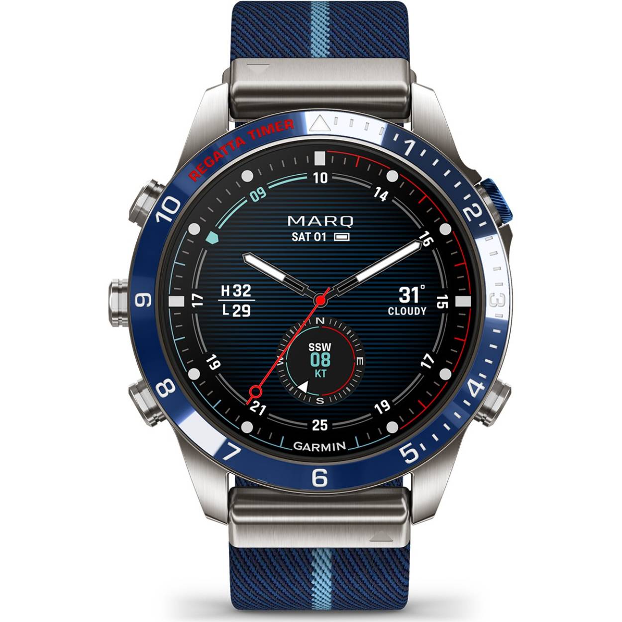 Garmin MARQ Captain (Gen 2). met gestreepte jacquard geweven. nylon horlogeband