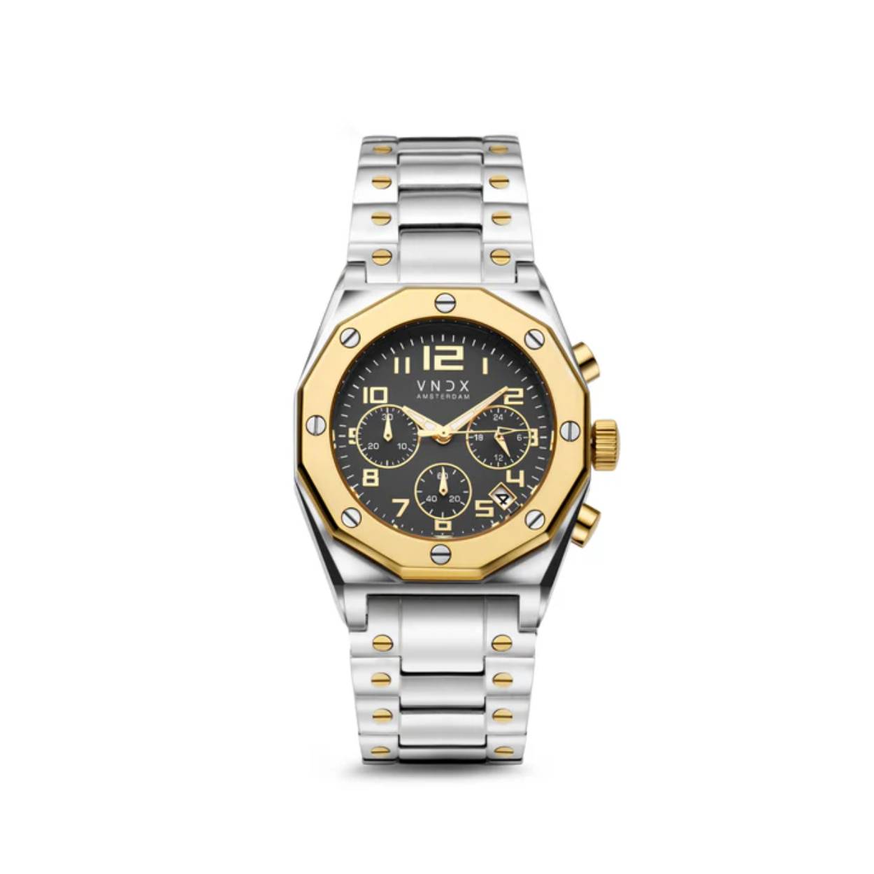 Maak een statement met The One Goud Zilver Grijs van VNDX Amsterdam. Dit horloge combineert tijdloze elegantie met hoogwaardige materialen en luxe afwerking. De goud zilveren kast en de verfijnde grijze wijzerplaat vormen samen een tijdloos elegante combinatie, die perfect balanceert tussen stijl en eenvoud. Een veelzijdig horloge dat zowel dagelijks als bij speciale gelegenheden indruk maakt.

Waarom je The One moet hebben:

Krasbestendig saffierglas: Altijd een heldere wijzerplaat, zelfs bij dagelijks gebruik.
Lichtgevende wijzers: Voor zichtbaarheid, zelfs in het donker.
Duurzame RVS band: Luxe uitstraling en stevige, comfortabele pasvorm.
Waterdicht tot 10 ATM: Geschikt om mee de grachten in te springen.
Met The One Goud Zilver Grijs draag je niet alleen de tijd, maar maak je een statement van luxe en stijl. Voeg dit iconische horloge vandaag nog toe aan je collectie!