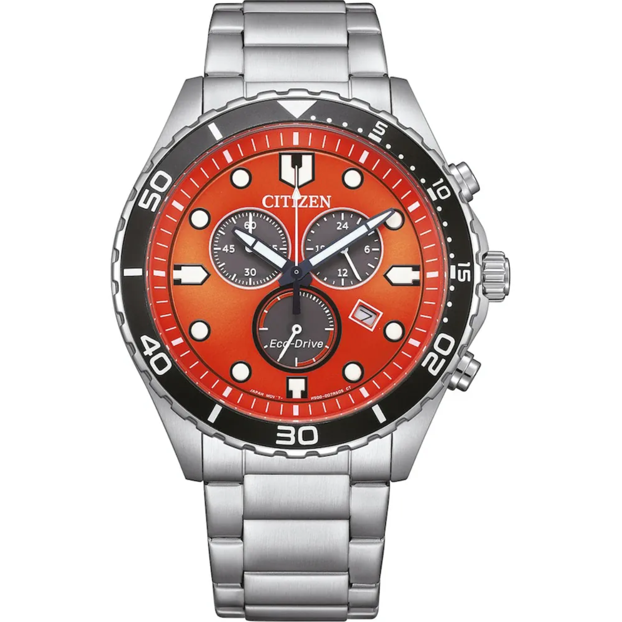 Sportief Citizen herenhorloge met Eco-Drive. Dit horloge heeft een edelstalen kast en band, een oranje wijzerplaat, kristal glas en is 10 atm waterdicht.

Dankzij de Eco-Drive techniek van Citizen is een batterijwissel overbodig geworden.
De energie die Eco-Drive horloges aandrijft wordt door een silicium lichtcel, die iedere vorm van licht in stroom omzet, geleverd.
Deze stroom wordt in een oplaadbare accu, die het horloge als energiebron dient, opgeslagen.
