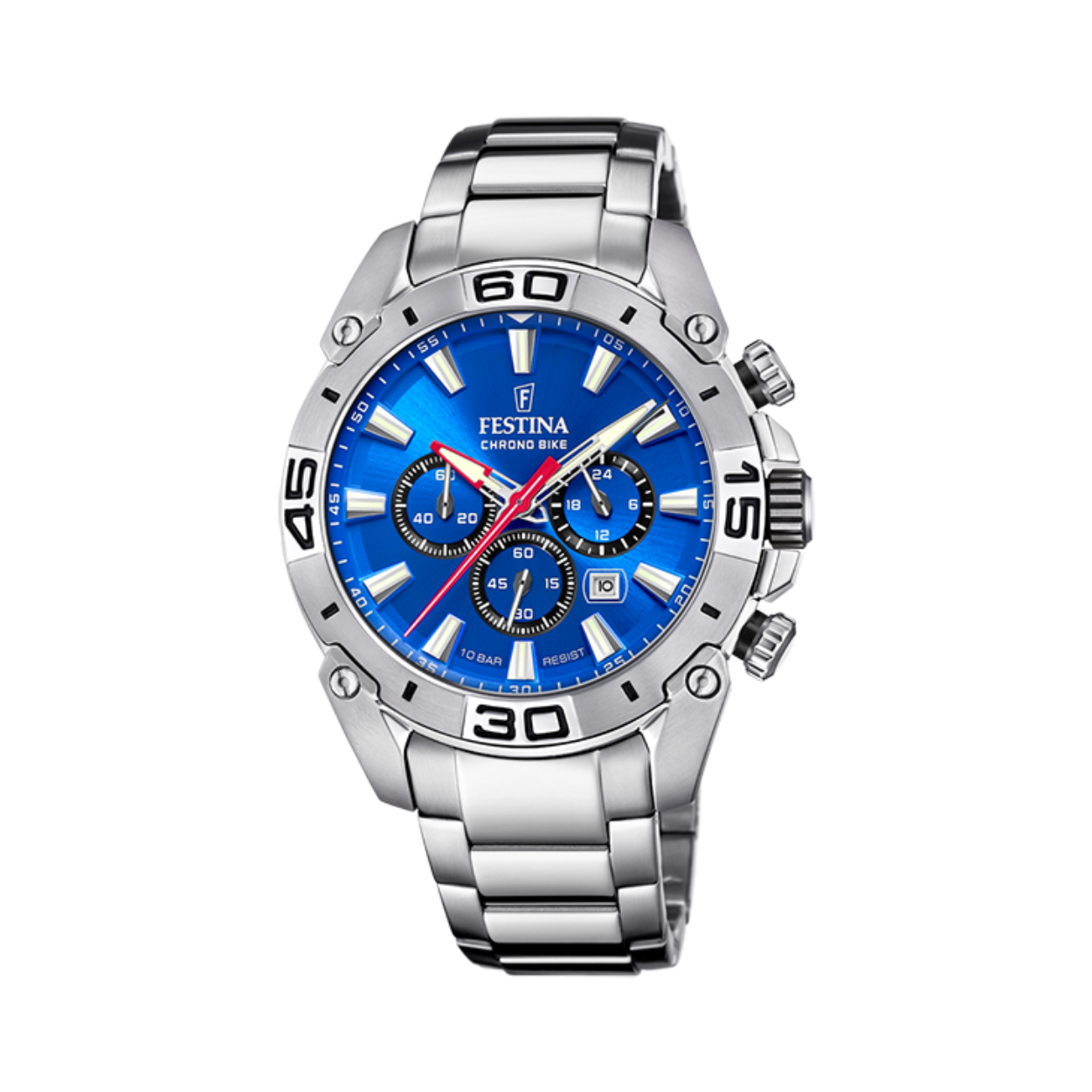 Festina - Heren horloge uit de 'Chrono Bike' collectie - Zilverkleurige stalen band en kast - Azuurblauwe wijzerplaat 'multifunctie' met datumaanduiding - Chronograaf - Waterdichtheid: 10 ATM - F20543/2