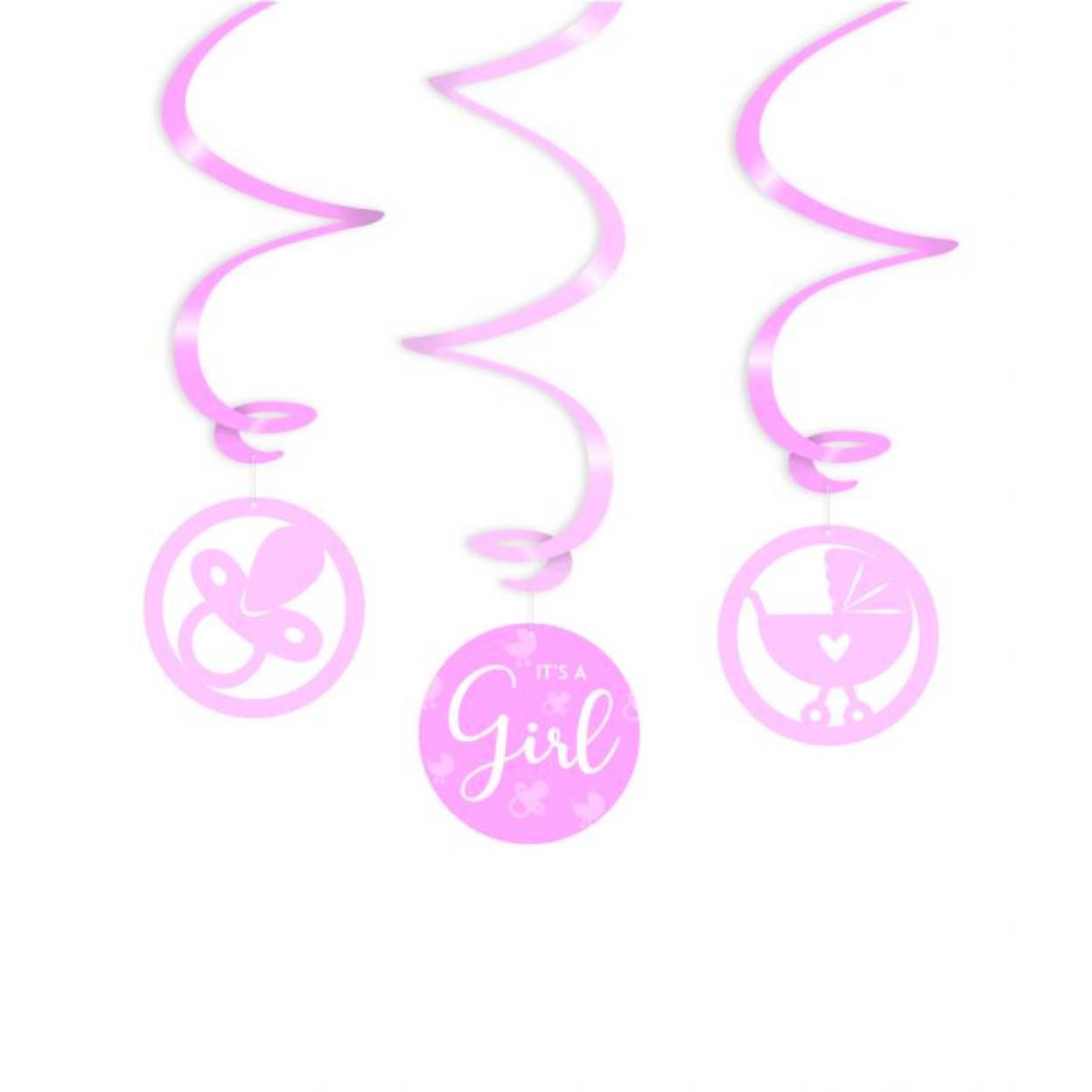 Een geboorte feestje kan niet zonder deze Swirl decorations en deze met opdruk It's a girl! maakt het feestje echt af! Deze unieke roze swirls zijn gemaakt van plastic en papier en zijn ongeveer 17 centimeter lang.