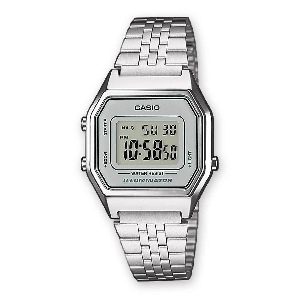 • Stopwatch van 1/100 seconden • Alarm • LED-verlichting • Waterbestendig • Roestvrijstalen band • Populair retrodesign