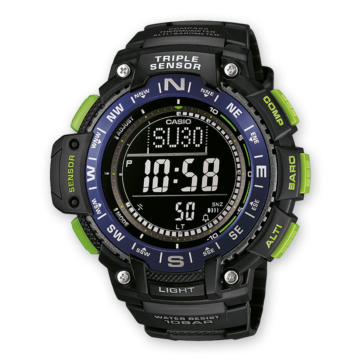 Dit horloge van Casio komt uit de collectie: CASIO Collection Men. Dit horloge heeft de volgende functies: Auto LED-lampje, 5 alarmen per dag, Automatische kalender, 12/24-uurs tijdweergave, Thermometer (-10�C / +60�C), Kompas, Hoogtemeter 10.000 m, Zonsopgang en -ondergang, Knopgeluiden aan/uit, Bestand tegen kou (-10 �C), Stopwatchfunctie - 1/10 sec. - 1000 uur, Snoozefunctie, Snoozefunctie, Wereldtijden