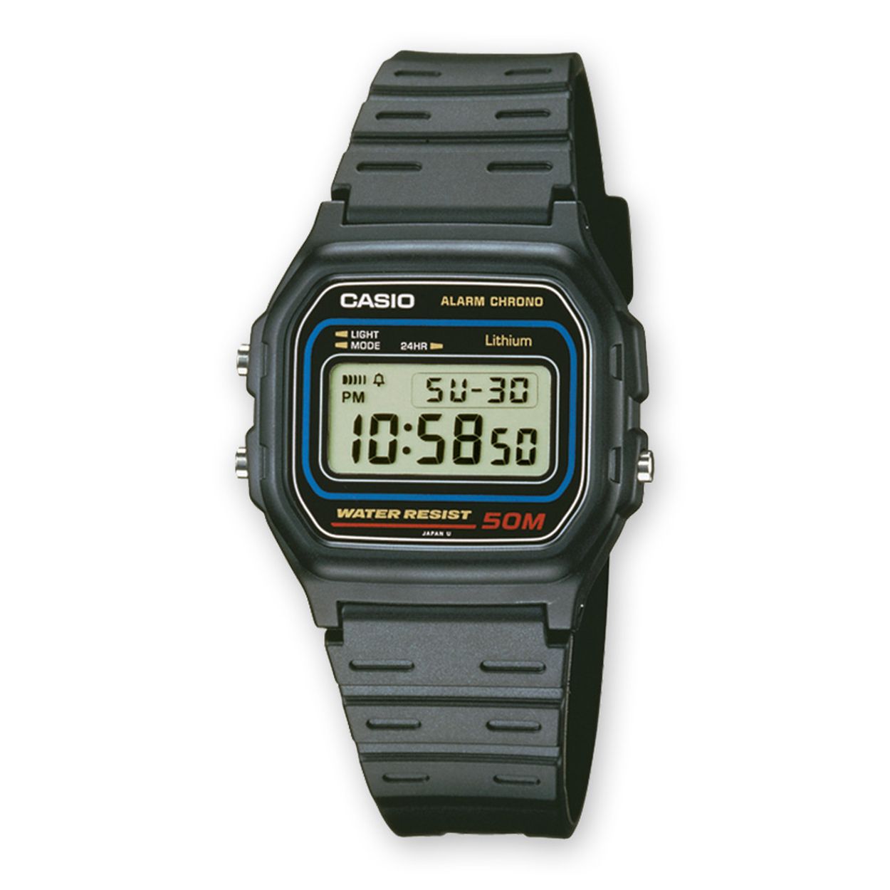 Dit horloge van Casio komt uit de collectie: CASIO Collection Men. Dit horloge heeft de volgende functies: Displayverlichting, Dagalarm, Automatische kalender, 12/24-uurs tijdweergave, Stopwatchfunctie - 1/100 sec. - 1 uur

Details
Kast
- Kast maat: 33,6 mm
- Kast dikte: 8,7 mm
- Kast materiaal: kunststof
- Kast kleur: zwart
- Glas type: mineraal
- Waterdicht: 5 ATM/BAR

Wijzerplaat
- Wijzerplaat: zwart
- Lichtfunctie: display verlichting
- Opmerking: Automatic calander, Alarm.

Band
- Band: plastic/silicone zwart
- Sluiting band: gespsluiting

Uurwerk
- Functies: LED display

Overig
- Gewicht: 22 gram