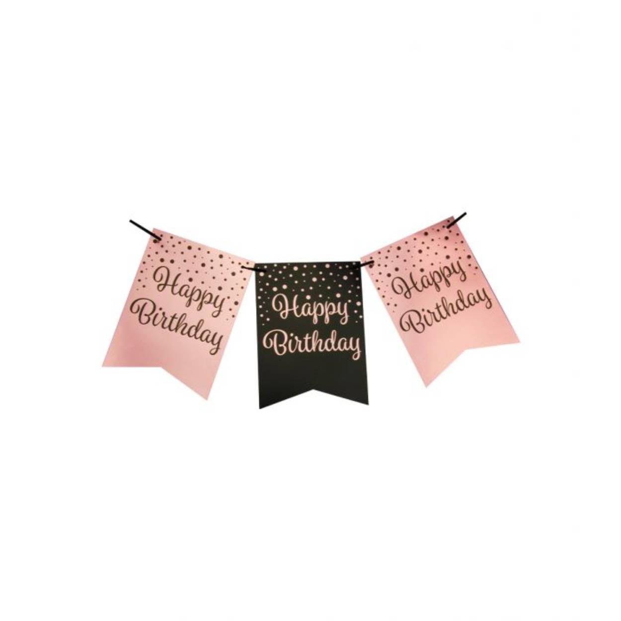 De rose/black party flag banners maken goede sier op een feestje zoals bijvoorbeeld een jubileum, maar ook op een verjaardagsfeest zoals deze rose/black party flag banner met opdruk Happy birthday. Door de gebruikte kleuren hebben deze flag banners een luxe maar toch feestelijke uitstraling! De vlaggetjes zijn gemaakt van folie met een bedrukking aan beide kanten 